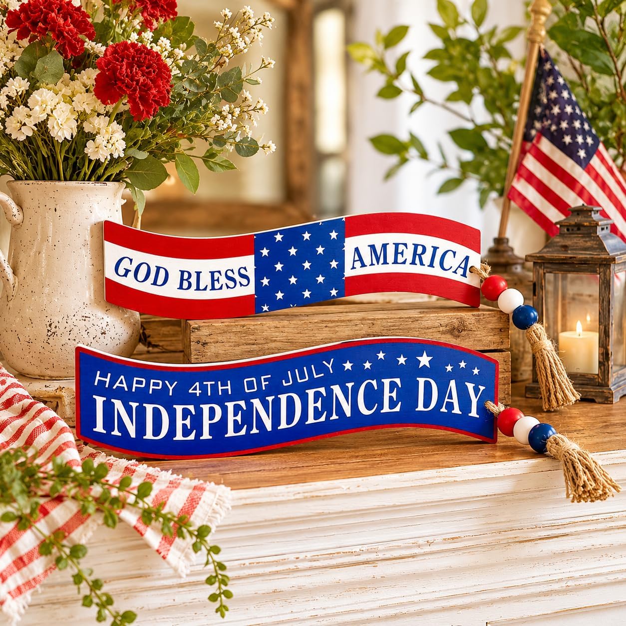 4th of July Table Decorations 9.2", Red White and Blue Patriotic Decor for Home Shelf Tiered Tray Coffee Bar, 2pcs America USA Resin Table Centerpieces for 250 Anniversary BST220