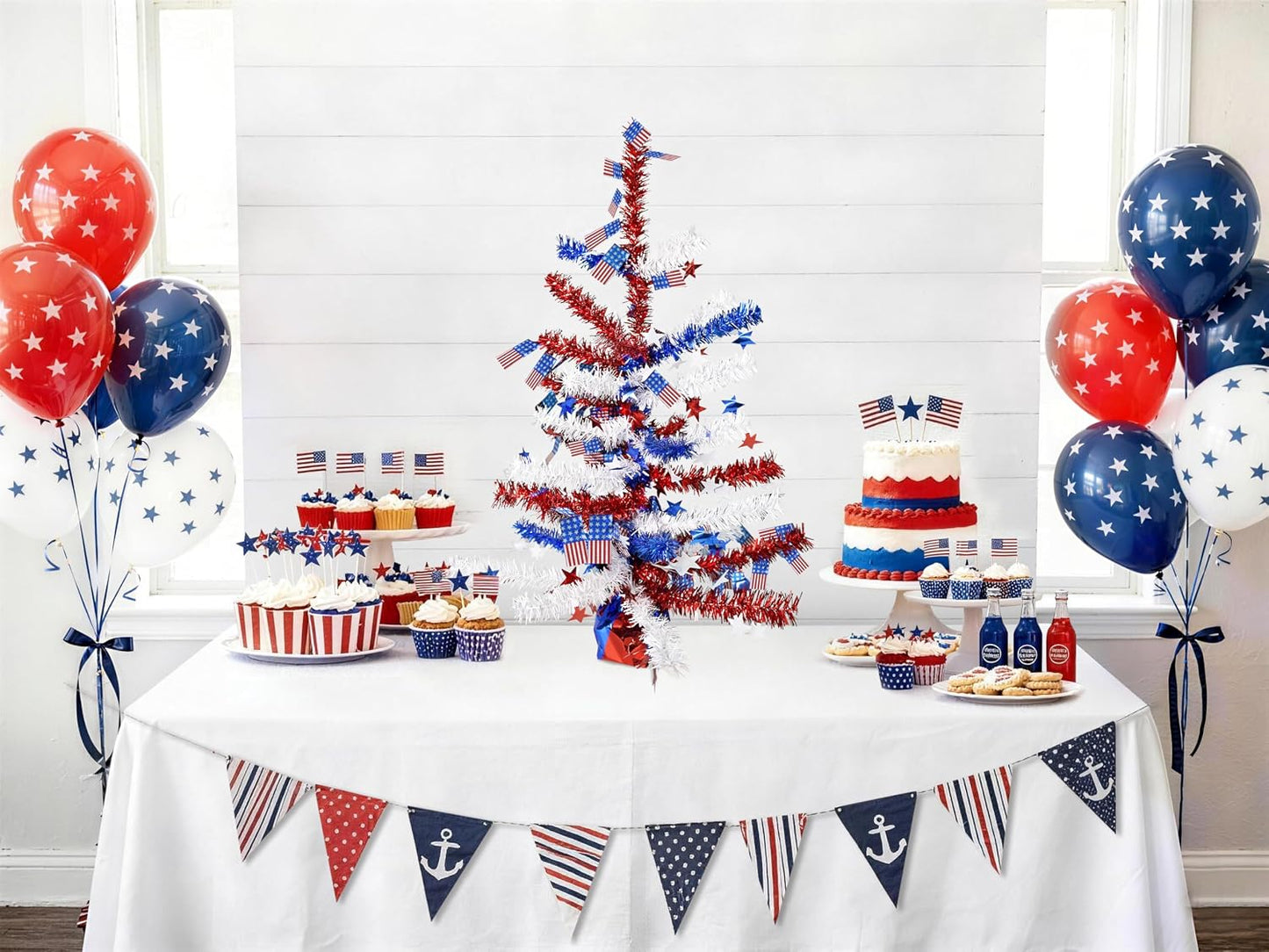 4th of July Table Centerpiece Decoration - Patriotic Tree for Tables Metallic Foil Spray Star Burst Independence Day Party Dining Home Memorial Day Supplies BST202