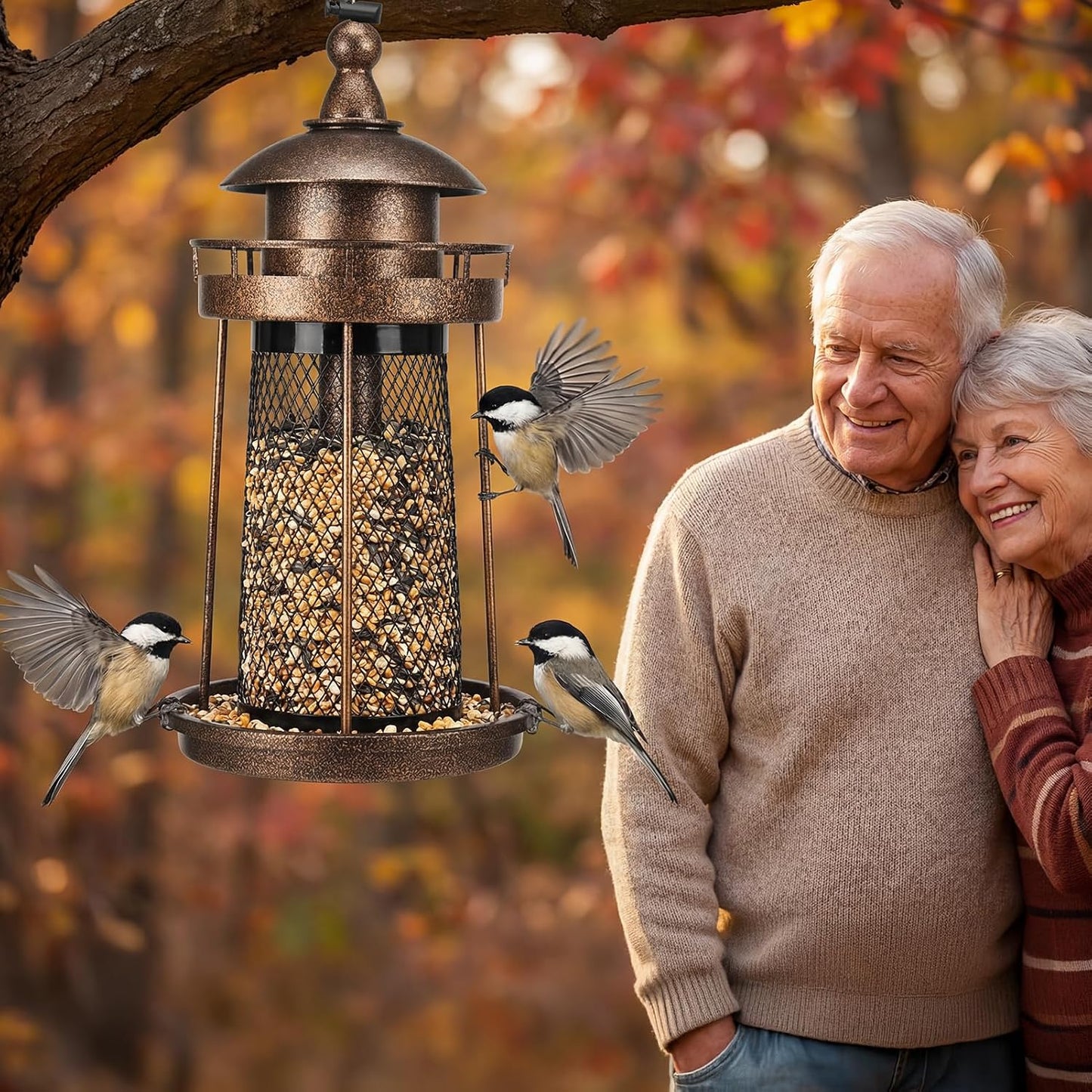 Lavezee Bird Feeder for Outdoors, Large Capacity Hanging Bird Feeders for Outside Wild Birds Hummingbird Parrot, Bronze WN420