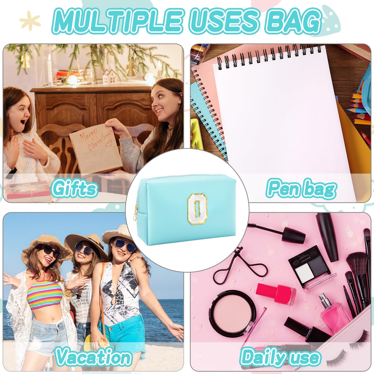 URSKYTOUS Gifts for Girls Initial Makeup Bag Personalized Cosmetic Bag with Zipper Cute Travel Toiletry Bag Waterproof PU Preppy Makeup Pouch Birthday Gift for Teen Girls Women(Blue P) BST326L