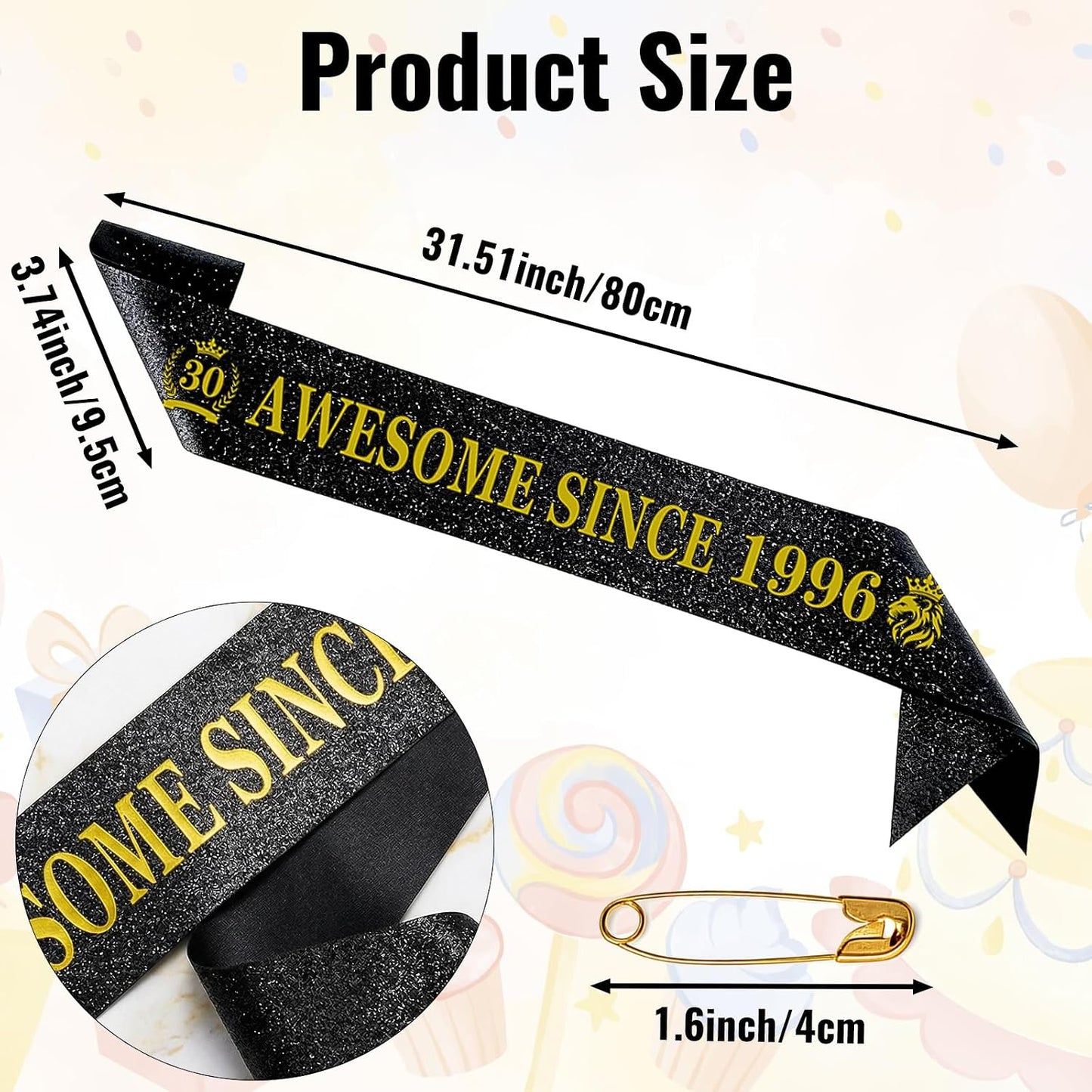 30th Birthday Sash - Unisex Black Glitter Leather Sashes with Gold Foil Letter Awesome Since 1996 for Men Women Decorations Party Supplies Accessories Gifts Outfit BST326L