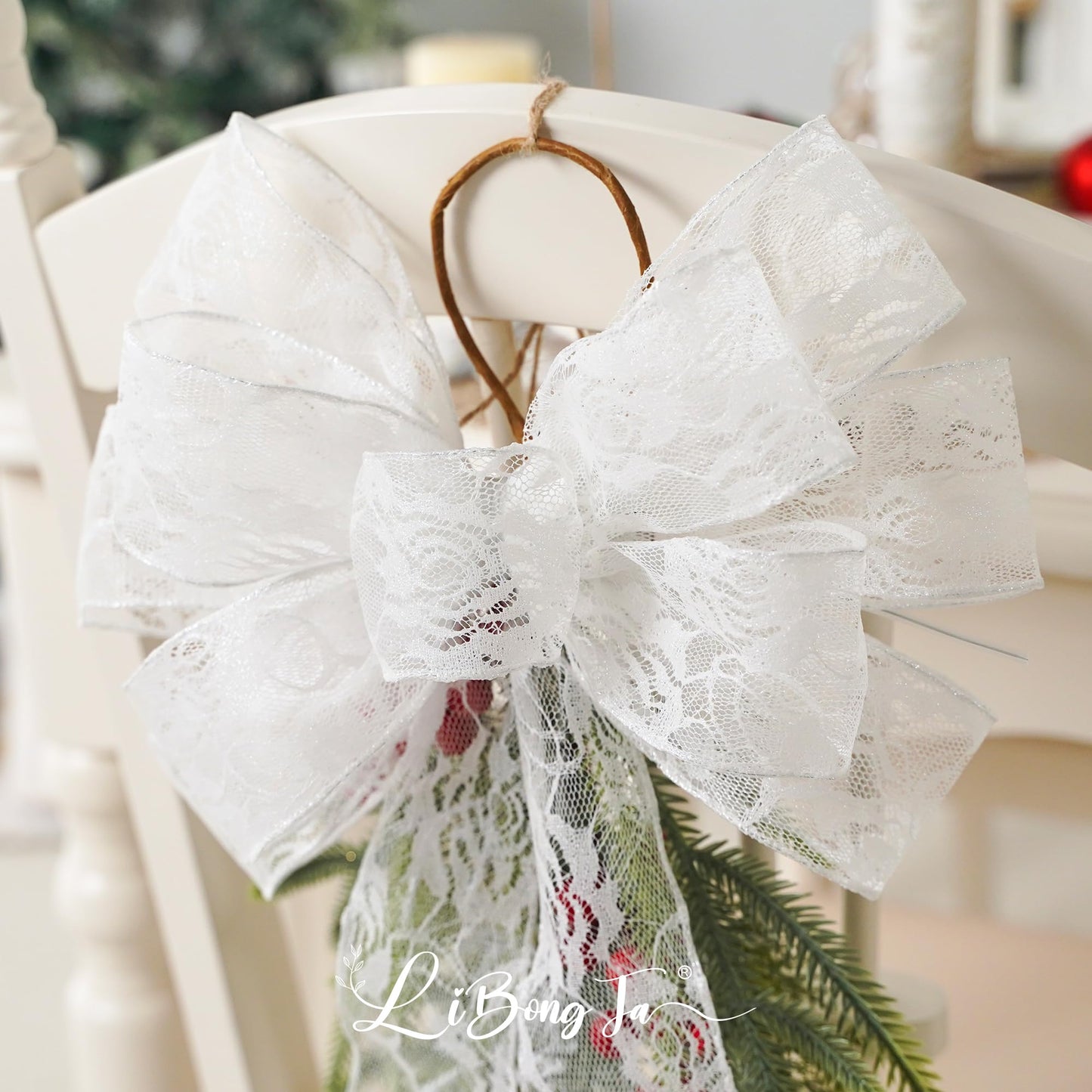 13" x 20'' White Lace Bows Wired Edge Valentine Tree Topper Bow, Glitter Bow Party Decorations, Premade Metallic Bows with Twist Tie, Large Gift Bow for Outdoor Wreath, Wedding-2 PCs BST220