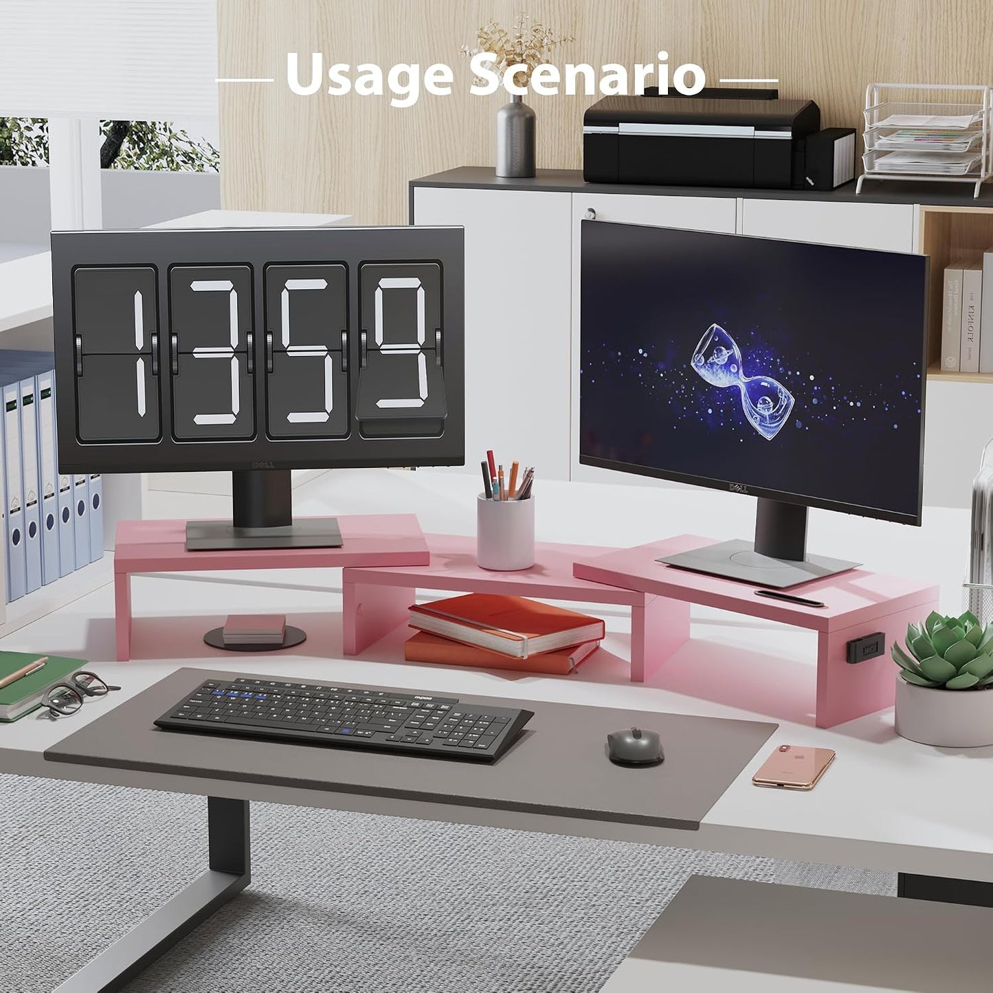 BONTEC Dual Monitor Stand Riser, Adjustable Length & Swivel Angle, Pink | Ergonomic Wooden Desktop Organizer with Smartphone Holder, Computer Monitor Stand for PC, Laptop, Printer and Large Storage BST202
