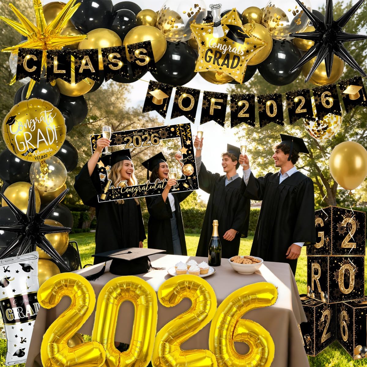 2026 Graduation Decorations Class of 2026 Black and Gold Congrats Grad Balloons,Banner,Backdrop,Photo Booth Props,Cards Boxes Kit for Graduation Party Decorations in Indoor or Outdoor (Graduation) BST326H