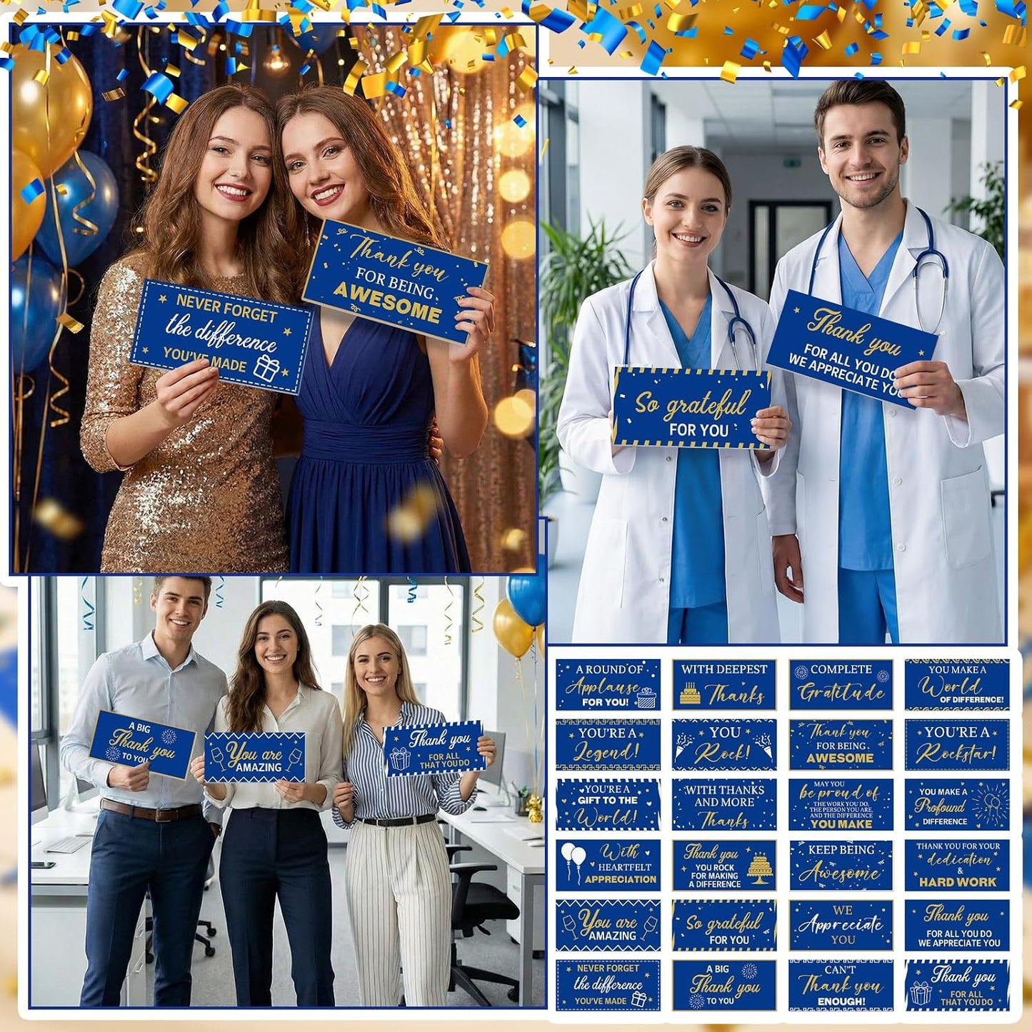 Tinlade 24 Designs Employee Appreciation Decorations Photo Booth Props We Appreciate You Blue Gold Thank You Party Decor Prop PVC Double Sided Selfie Signs for Staff Volunteer Retirement Teacher Nurse BST326H