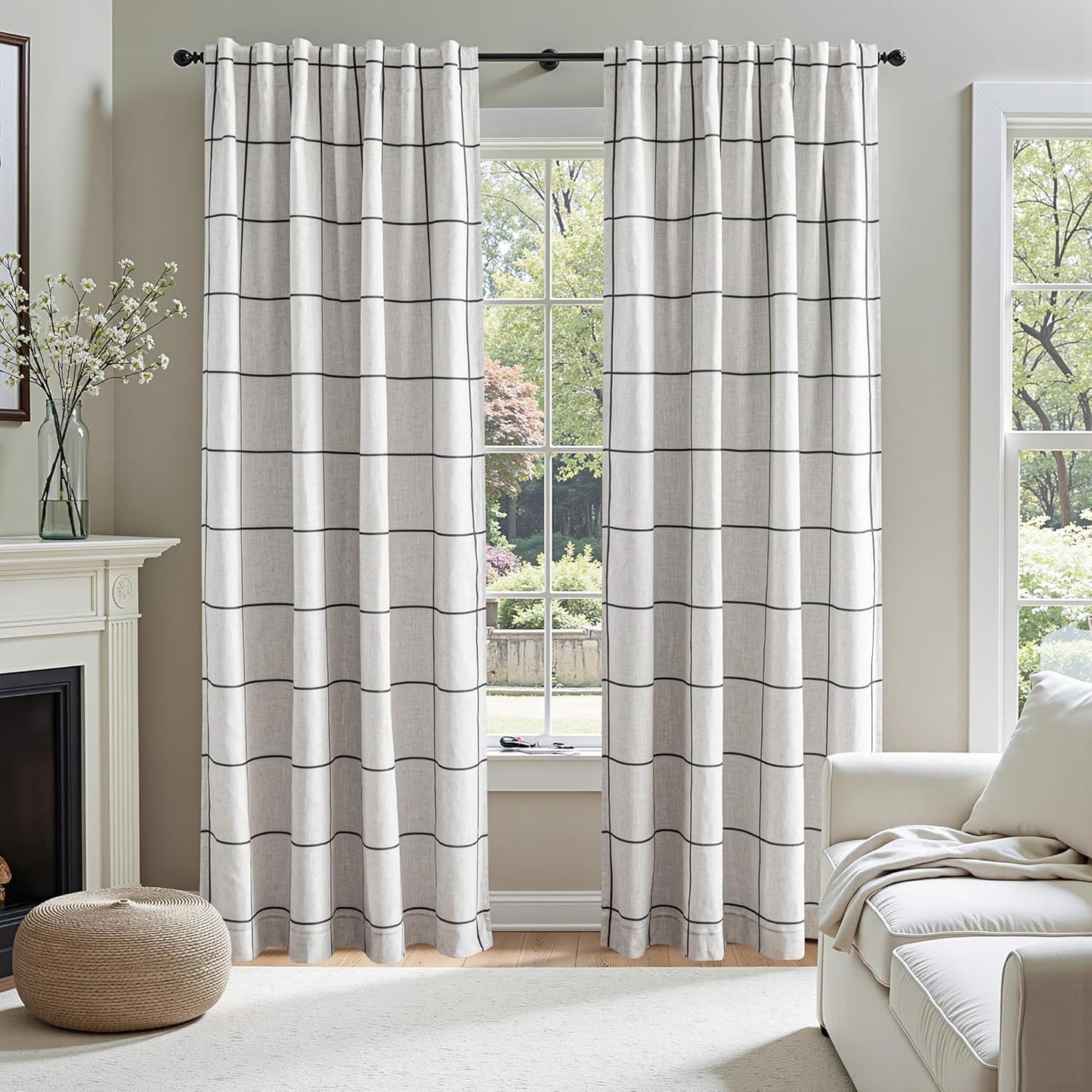 MYSKY HOME 100% Blackout Plaid Farmhouse Linen Curtains 90 Inch Long 2 Panels Set for Living Room Double Layer Windowpane Drapes Thermal Insulated Privacy Protection Rod Pocket Back Tab, 52" W, Black