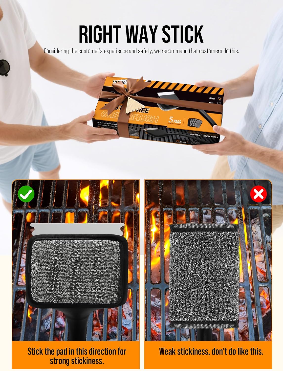 Grill Brush Bristle Free, Grill Cleaner Brush with 5 Replacement Heads, Ultra Safe Grill Brush for Outdoor Grill, Cast Iron, Stainless Steel Grates, Grill Scraper Outdoor BBQ Grill, Black WN420