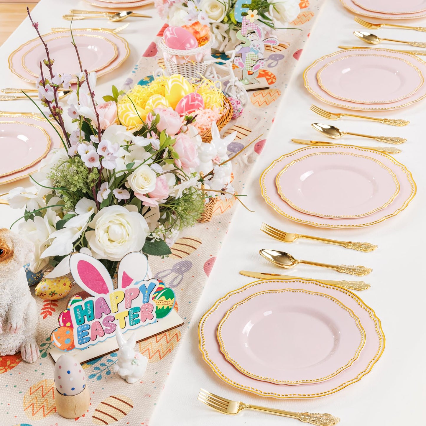 Hioasis 60pcs Pink Plastic Plates - Pink and Gold Disposable Dinnerware with Gold Rim N26