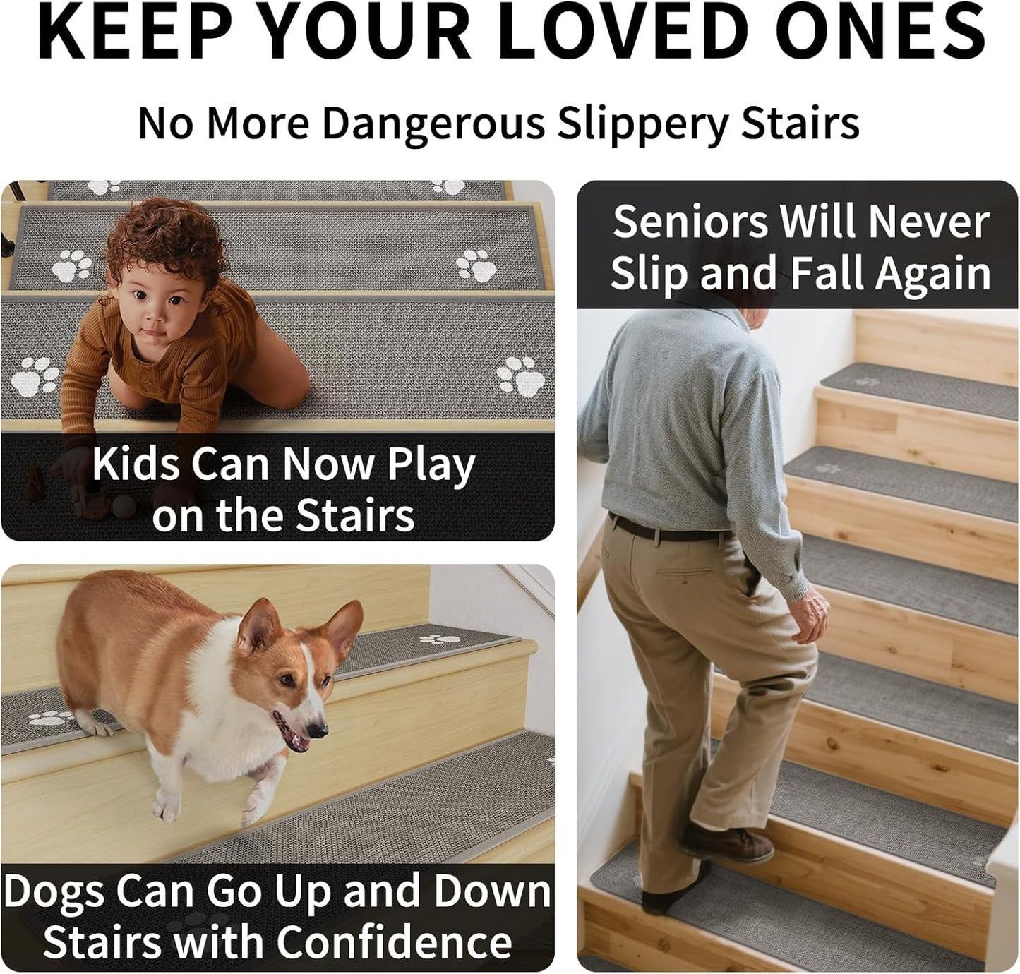 YDKGL Stair Treads Non Slip Indoor 4PCS, Rubber Backing Stair Runner Rugs for Wooden Steps, Residue Free Stair Carpet Treads for Kids Elders and Pets, Machine Washable Stair Mats, Gray, 8" x 30" WN420
