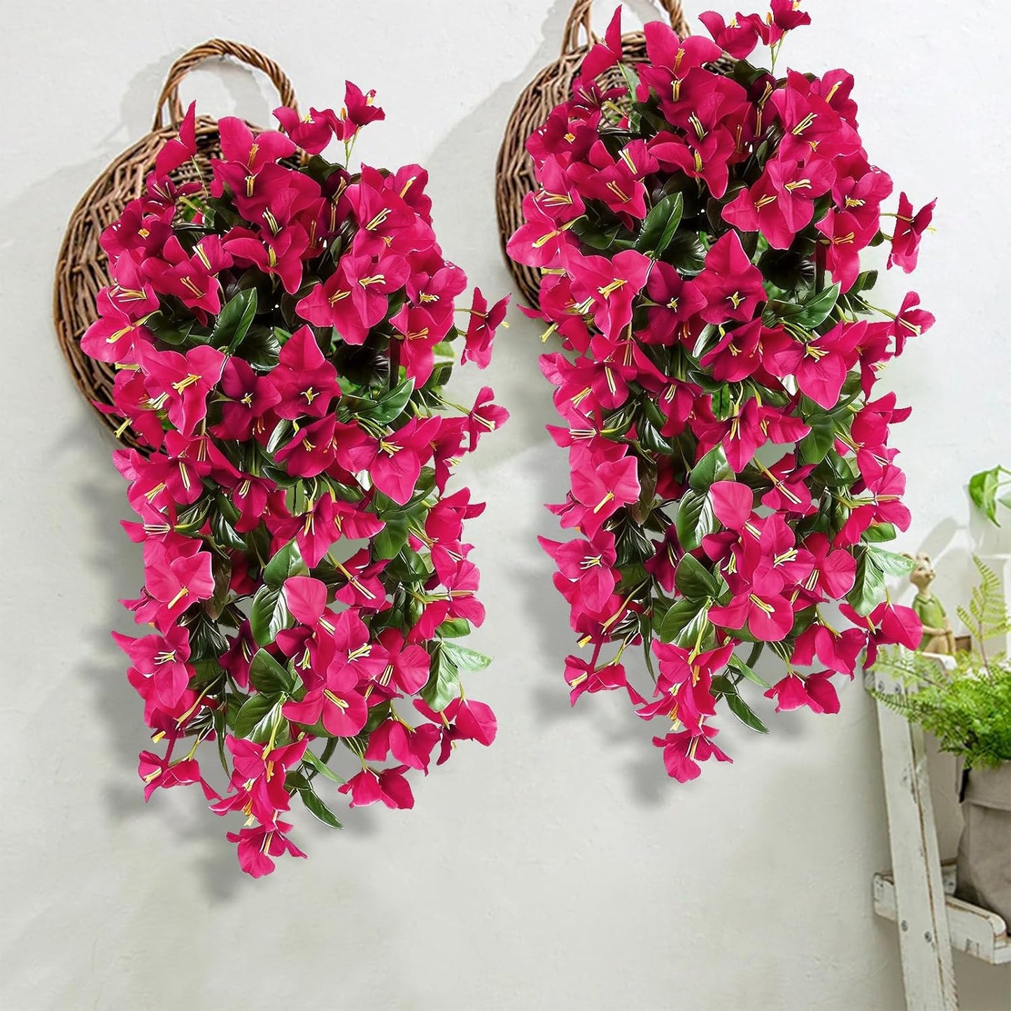 2 Pack Artificial Bougainvillea Flowers for Outdoors Decorations, Fake Hanging Plants, Faux Outside Flowers UV Resistant for Baskets Home Front Door Porch Patio Balcony Yard(Hot Pink) BST202