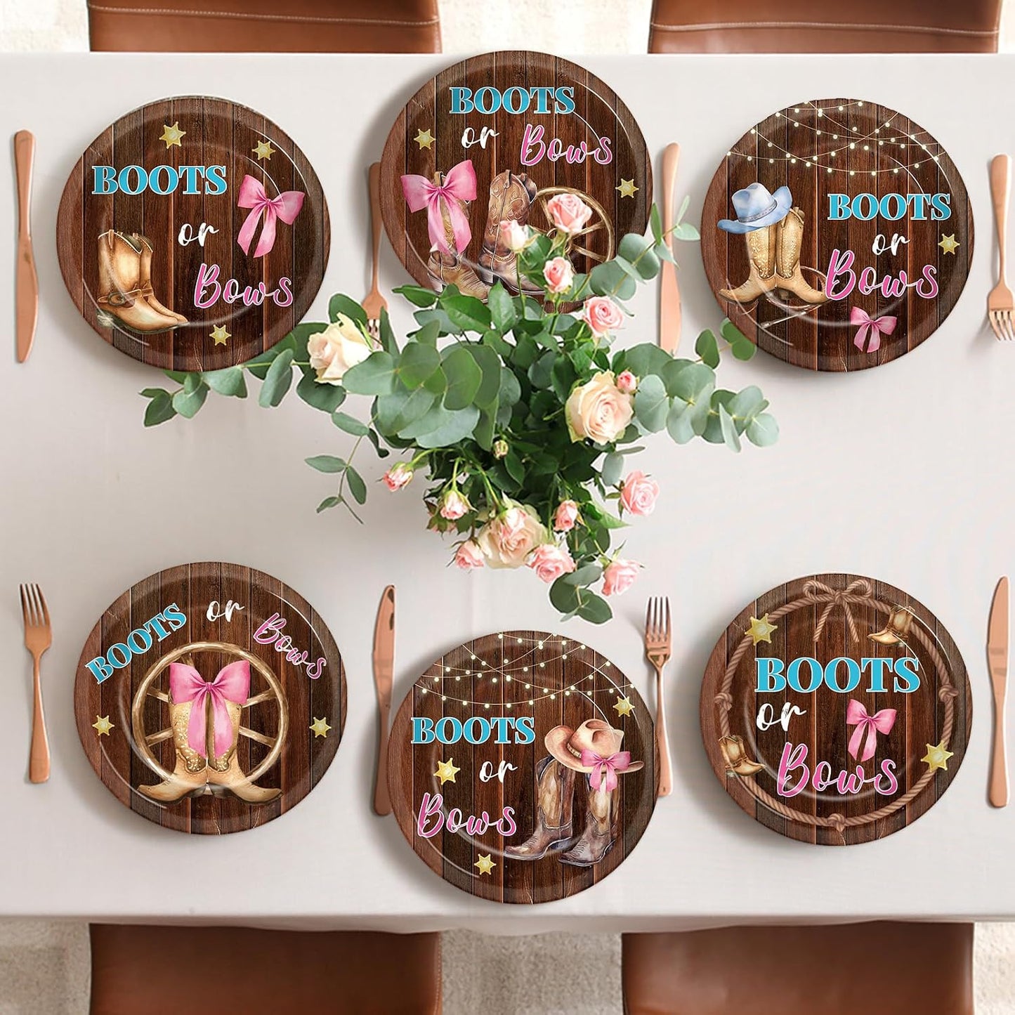 Boots and Bows Gender Reveal Paper Plates Cowboy Boots Pink Bows He or She Disposable Tableware Blue or Pink Party Supplies for Baby Shower Western Cowgirls Cowboys Gender Reveal Party Decorations BST326L