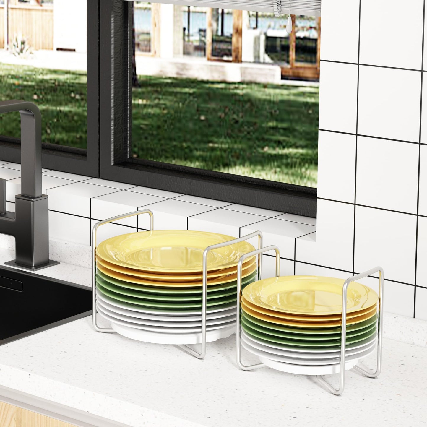 Plate Organizer for Kitchen Counter Bamboo Dish Racks for Cabinet Plate Holder for Kitchen Drawer Storage 2 Pack Adjustable for 6.75" to 8.5" Stainless Steel 304 Portable Handle BST220