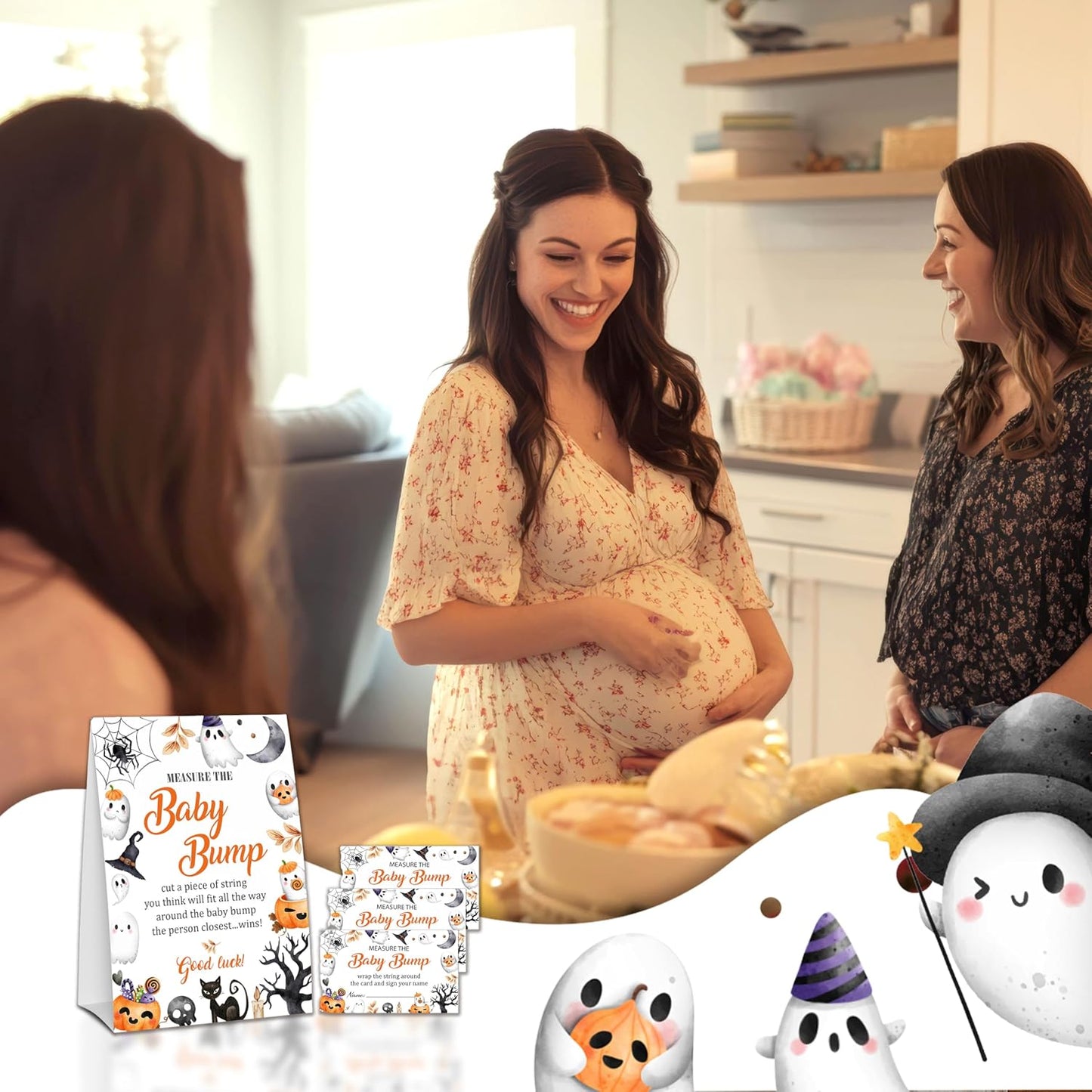 Halloween Baby Shower Measure The Baby Bump, 1 Self-Standing Sign + 50 Tickets for Little Ghost Gender Reveal Announcement Party Favor Supplies - D12 BST326L