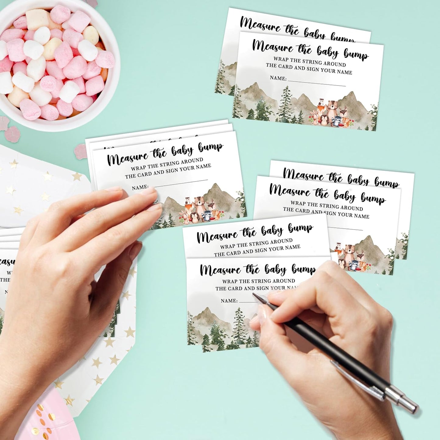 Woodland Baby Shower Game, Jungle Animal Safari Measure Baby Bump, 1 Standing Sign with 50 Cards for Gender Neutral Shower - A02 BST326L