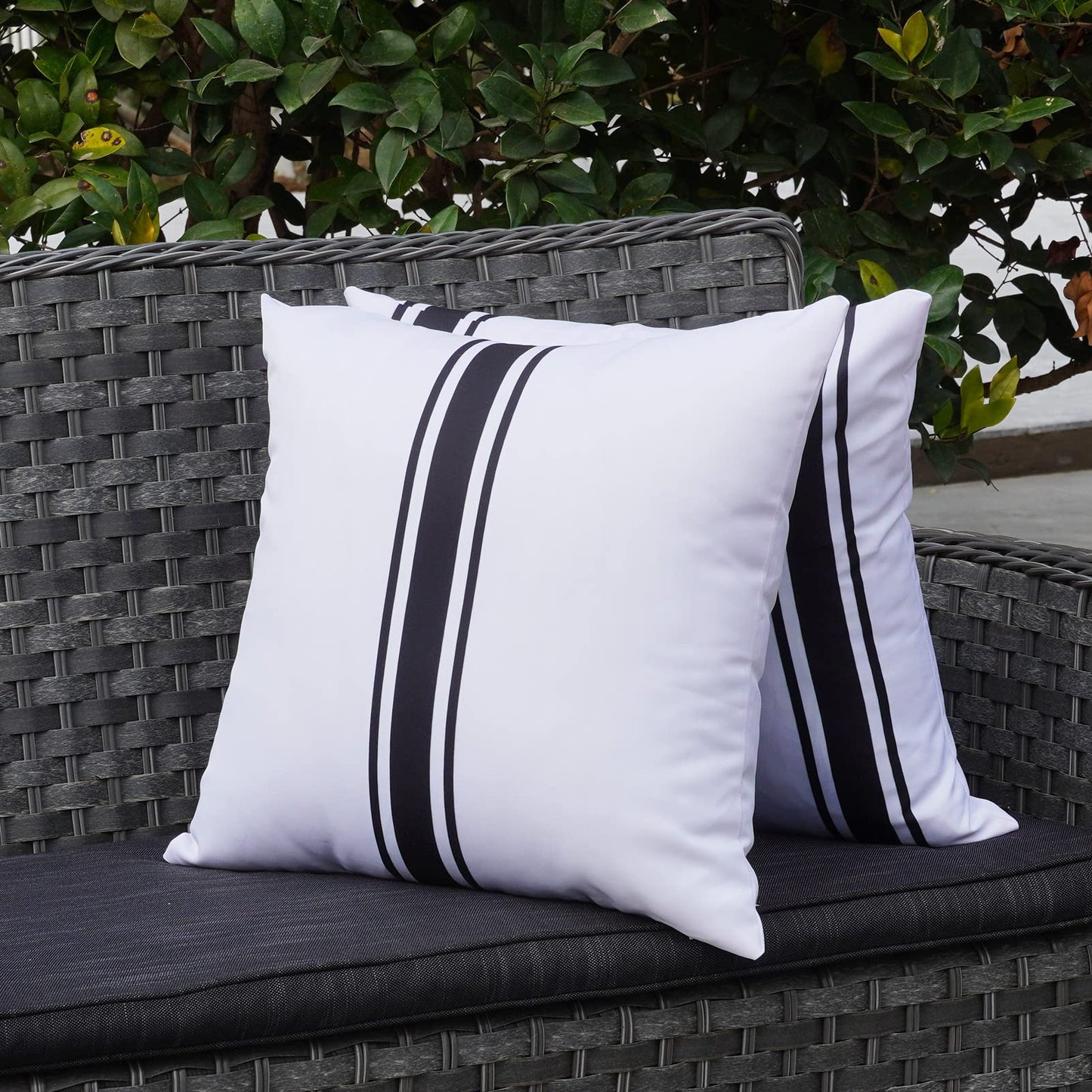 ONWAY Outdoor Pillow Covers Waterproof 18x18 Set of 2 Decorative Linen Throw Pillow Cover Beige and Black Striped Outdoor Pillows for Patio Furniture BST220