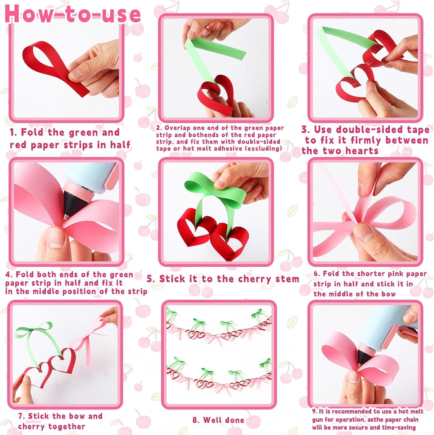 Gueevin 300 Sheets Cherry Paper Chain Strips, 41 ft DIY Paper Chain Garland Kit with Double Sided Tape, Cherry Bow Hanging Banner Decorations for Birthday Party Baby Shower Bridal Bachelorette Wedding BST326H