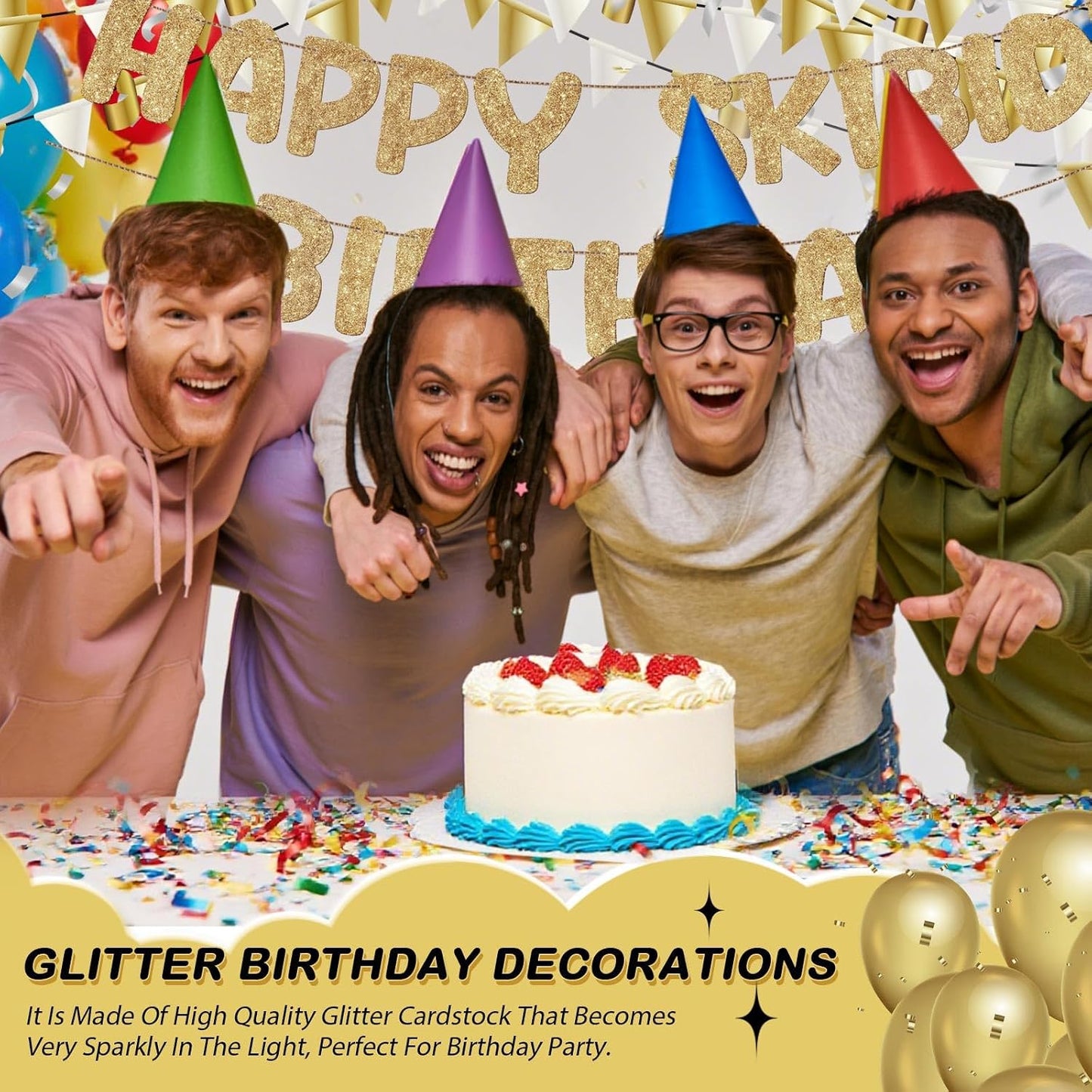 Fulmoon Pre Strung Happy Skibidi Birthday Sigma Banner Glitter Funny Zoomer Gen Z Slang Birthday Party Supplies Gen Z Slag Party Decorations Sign Gift(Champagne Gold) WN420