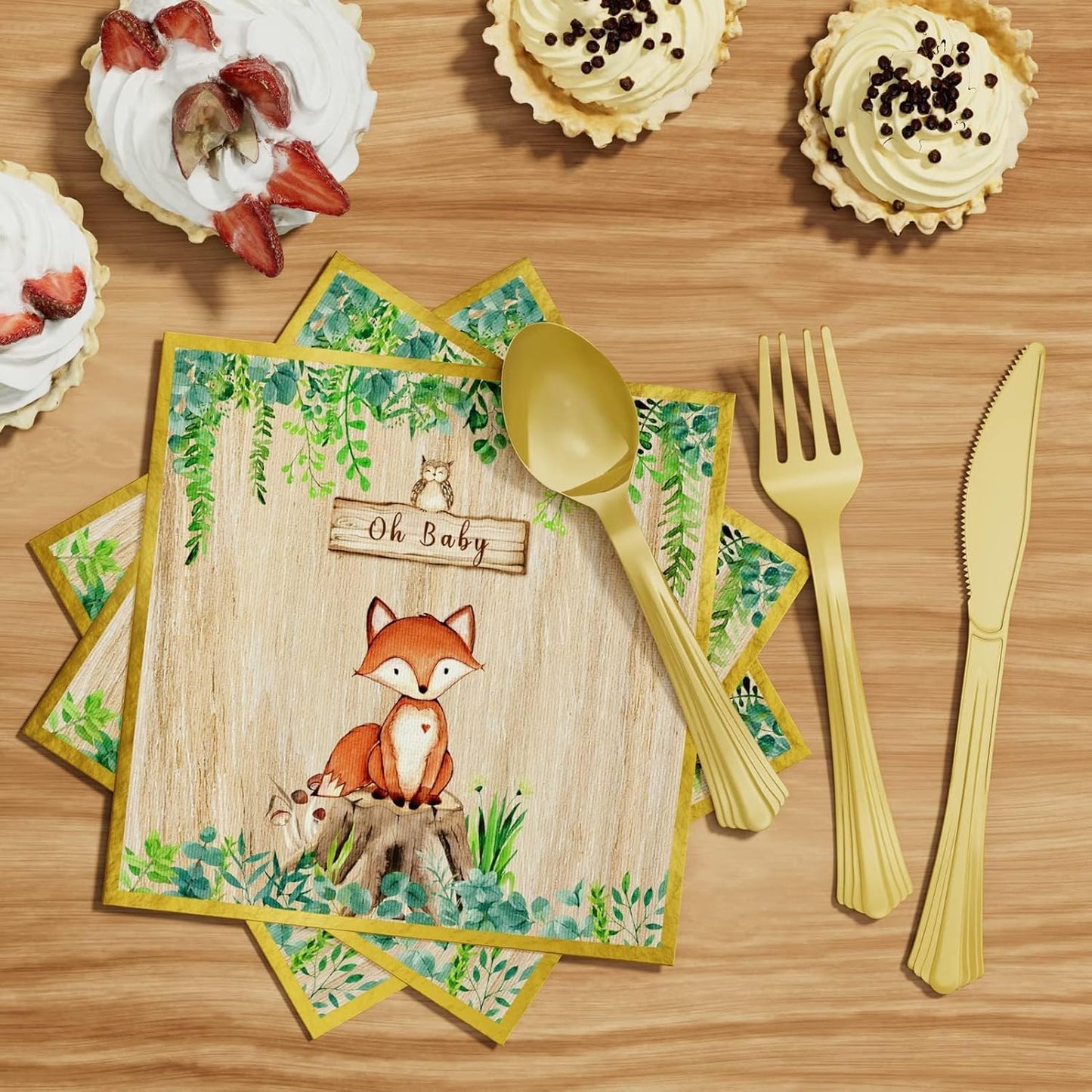 Woodland Baby Shower Decorations Supplies - 175PCS Forest Animal Disposable Dinnerware Set (25 Guest) With Gold Paper Plates Cups Napkins Plastic Fork Knives Spoon for Baby Boy Birthday Party BST326H