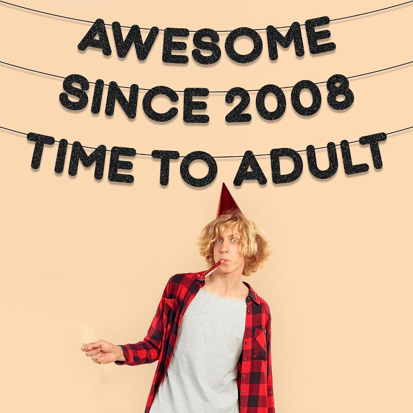 18th Birthday Decorations Banner Boy - 3 Pcs Black Glitter Awesome Since 2008 Time To Adult Banners for Boys and Girls 18 Years Old Teenager Welcome Adulting Birthday Party Supplies BST326L
