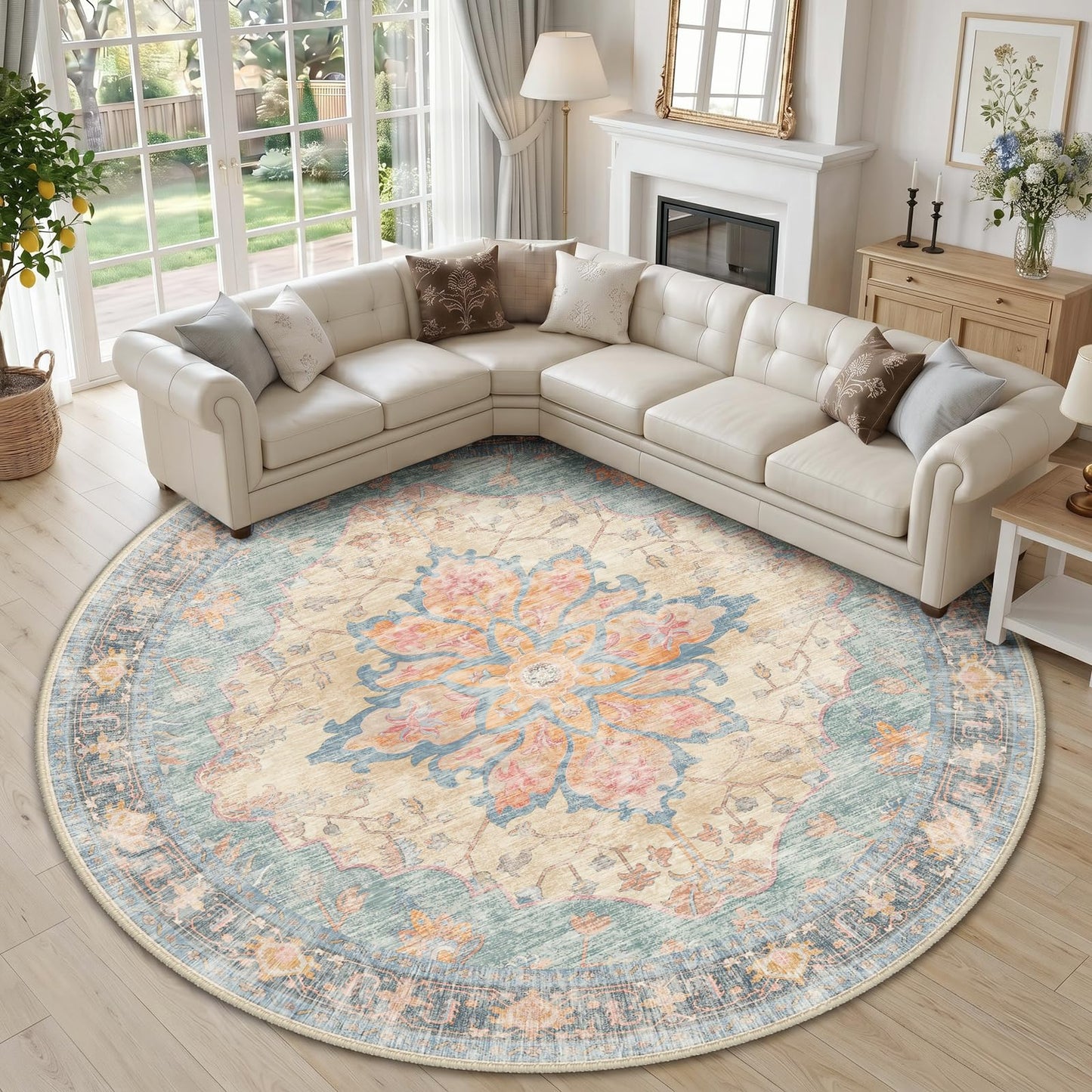 RELEANY Area Rugs Runner 2'x6' Washable Non-Slip, Floral Vintage Distress Medallion Carpet for Kitchen Hallway Bedroom Beside Laundry Room Bathroom, Teal Green Lake Blue Turquoise DD1210