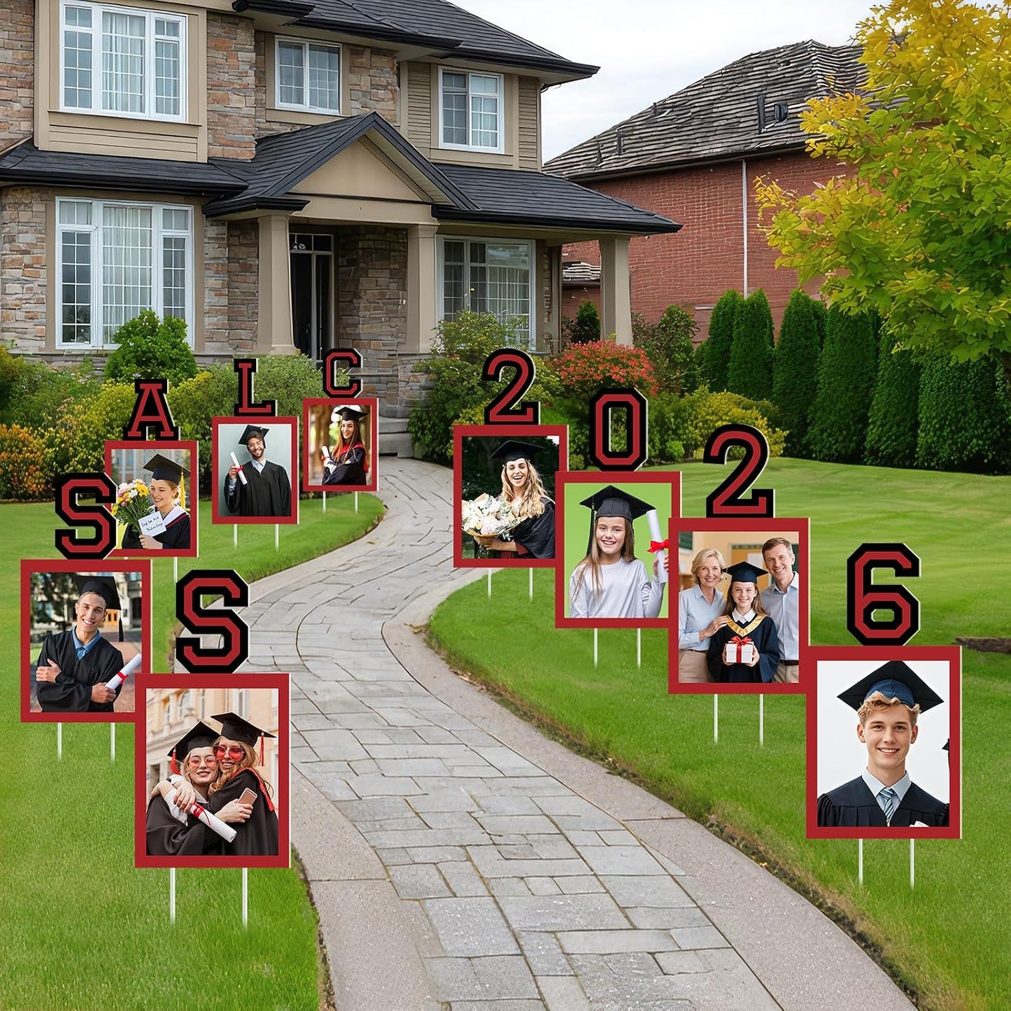 12 Pcs Graduation Photo Yard Sign Decorations 2026, K-12 Grade Graduation School Picture Frame Lawn Sign with Stakes for Kindergarten Middle High School Class of 2026 Grad Party Decorations, Red WN420