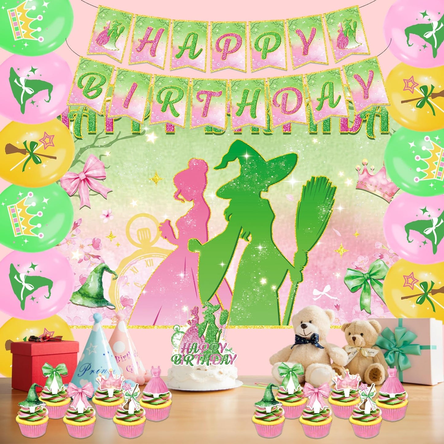 42Pcs Halloween Witch Birthday Party Decorations Pink and Green Backdrop Witch Princess Cake Decorations Toppers Cupcake Toppers Balloons for Halloween Witch Party Supplies BST326H