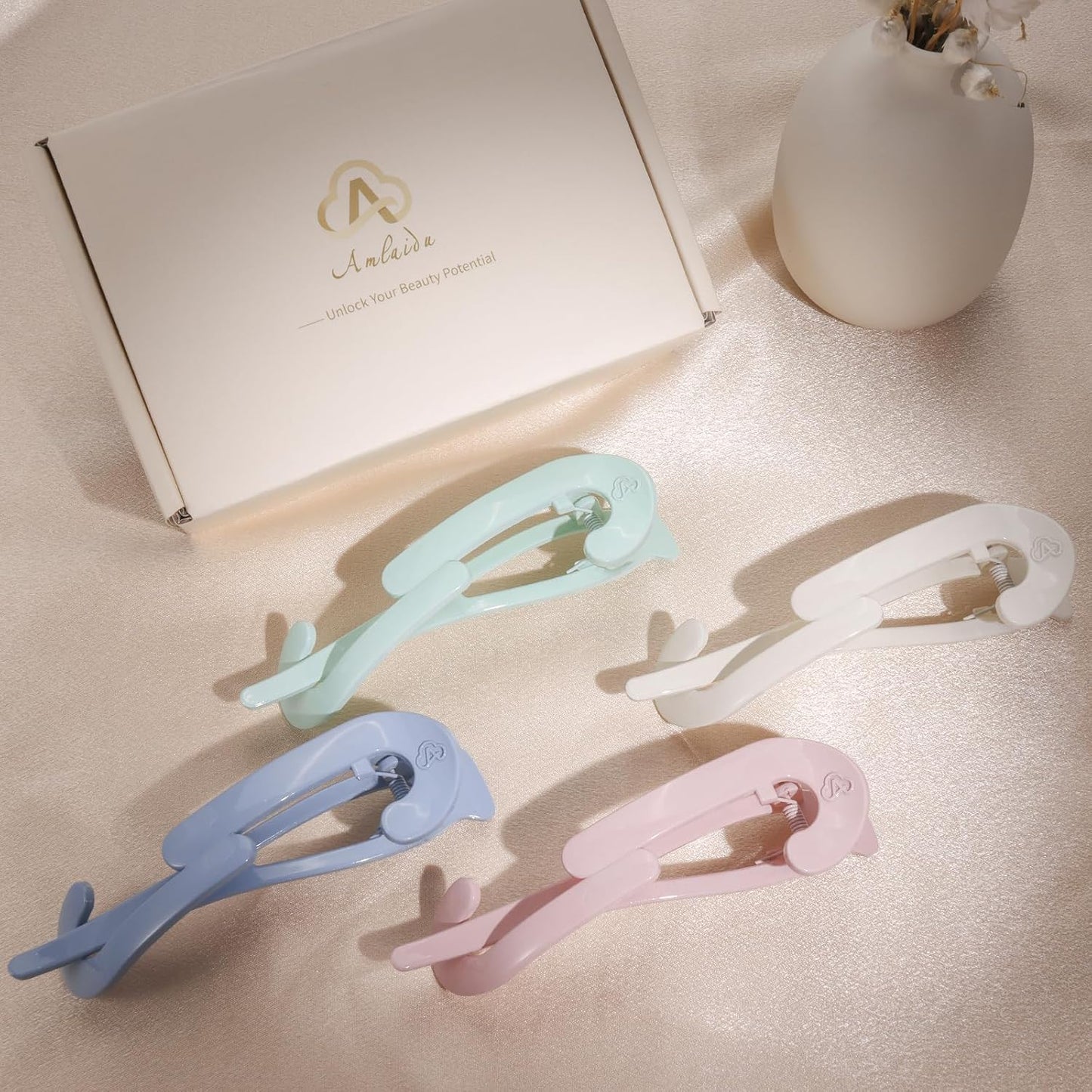 Large Twist Flat Hair Clips for Medium Thick Hair, Stylish Flat Claw Clips for Women, French Hairclips for Long Straight Curly Hair - White, Pink, Purple, Green, 4pcs WN420