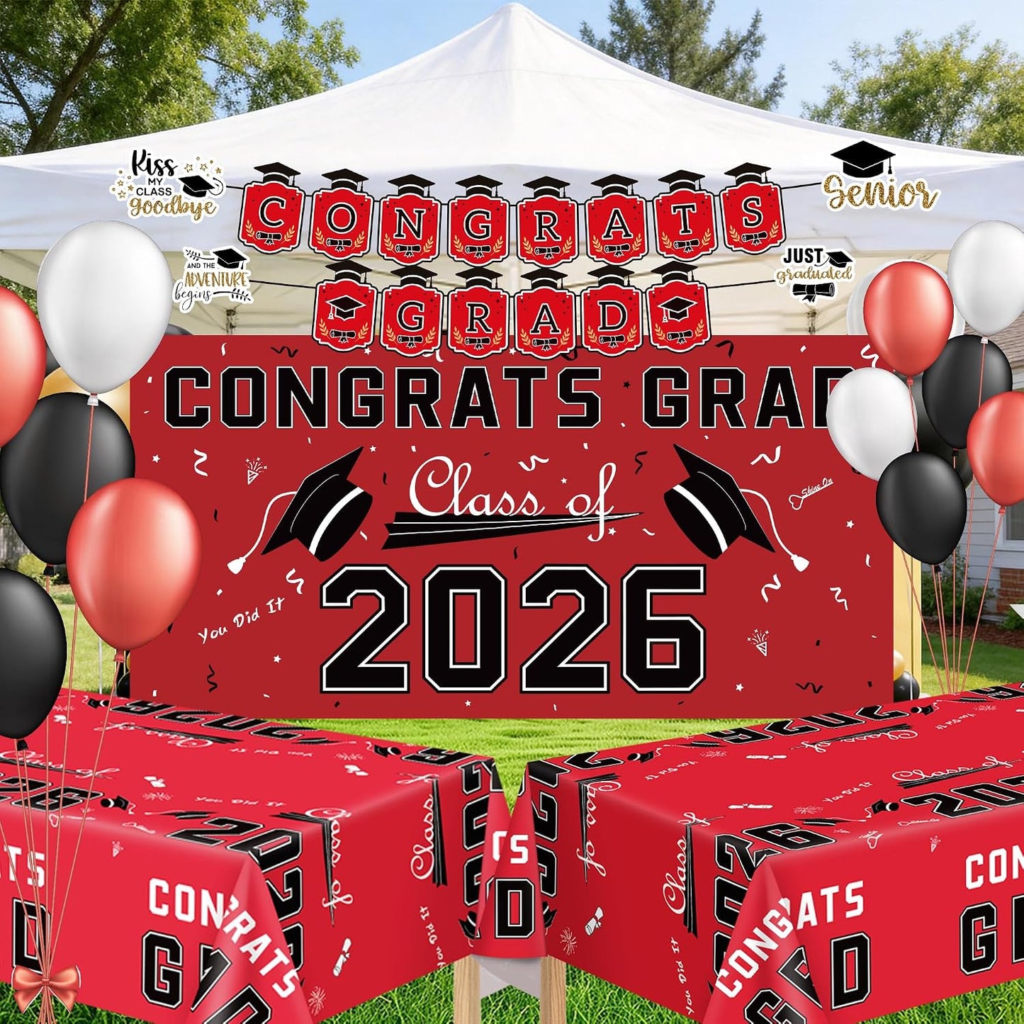 Graduation Decorations 2026 2027 - Red Congrats Grad Banner Backdrop Tablecloth Set - Graduation Decorations Class of 2026 | Graduation Party Favors Supplies WN420