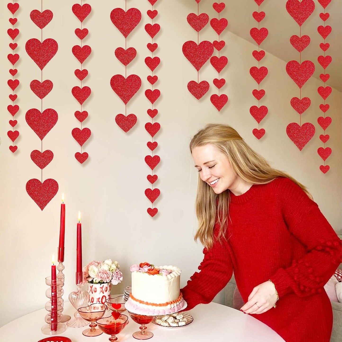 4 Pack Glitter Heart Garland Valentines Day Decorations Paper Hearts Streamers Hanging Hearts Decorations for Valentines Galentines Day Birthday Bridal Shower Wedding Engagement Anniversary (Red) BST326L