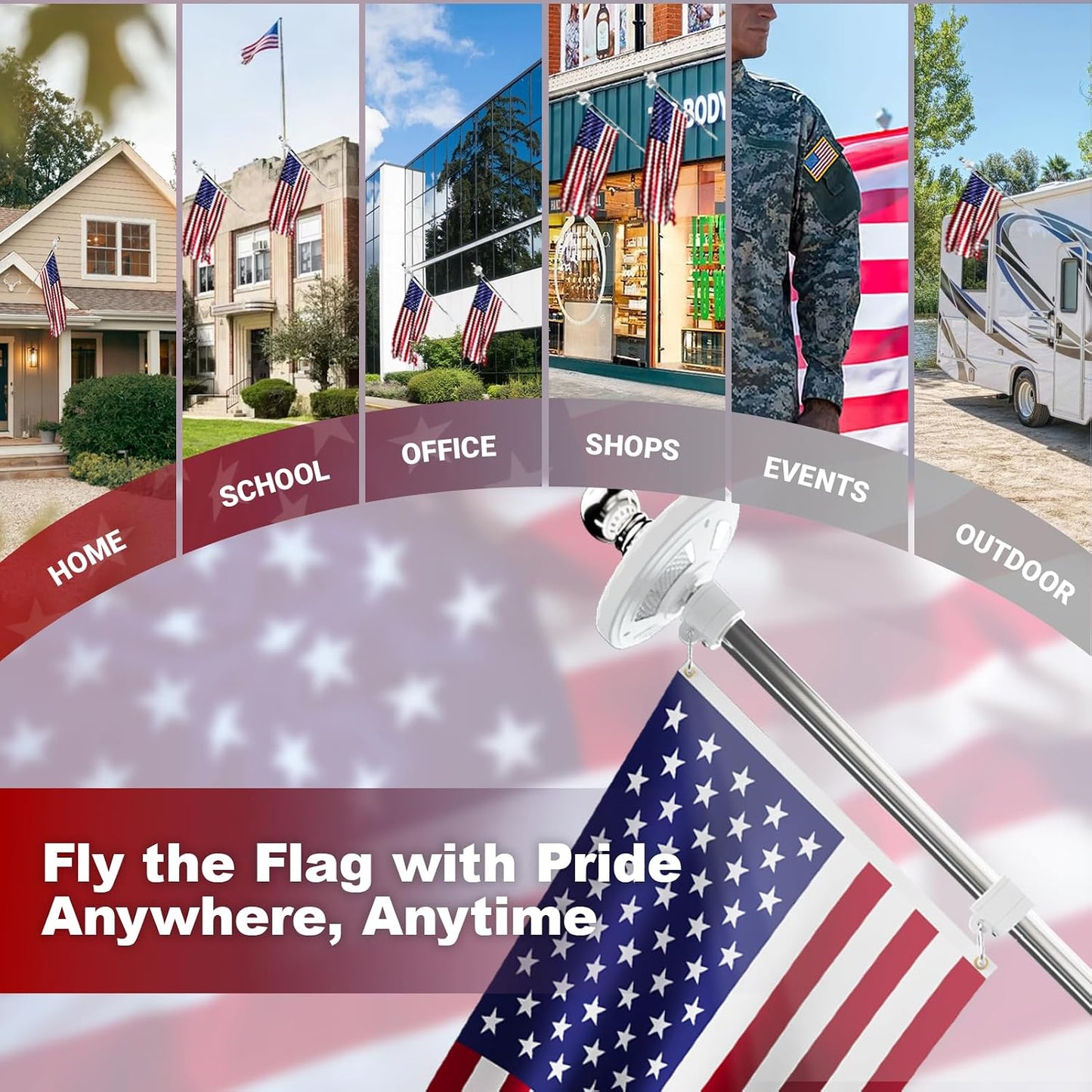 Sprookber 5ft Solar Light Flag Pole kit with American Flag – 180°Adjustable Bracket and Tangle Free Rings, Stainless Steel FlagPoles for Outside House, Residential or Commercial use, Silver WN420