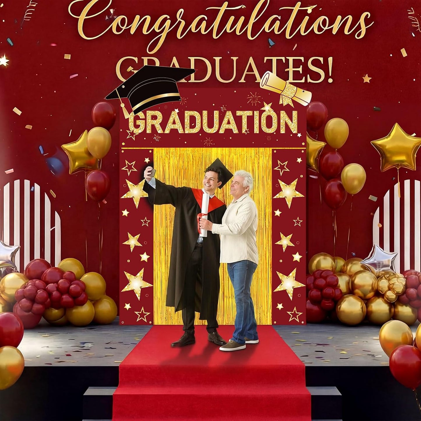 HunnmingRe 7 Pcs 2026 Graduation Party Decoration Include Class of 2026 Graduation Door Porch Banner, Gold Fringe Curtain, Red Carpet, Grad Photo Backdrop for College School(Red) BST202