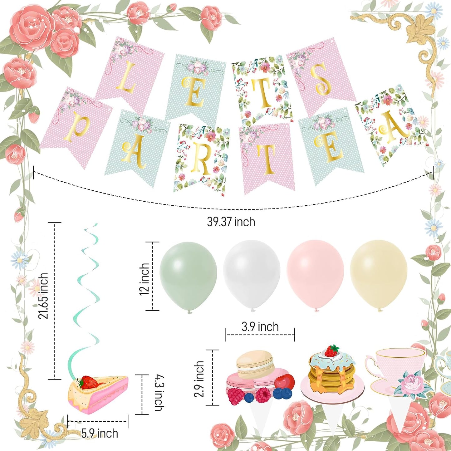 47Pcs Tea Party Decorations Set Floral Garden Party Decor with Balloon Arch, Banner, Cake Toppers, Hanging Swirls for Birthday, Bridal Shower, Baby Shower BST202