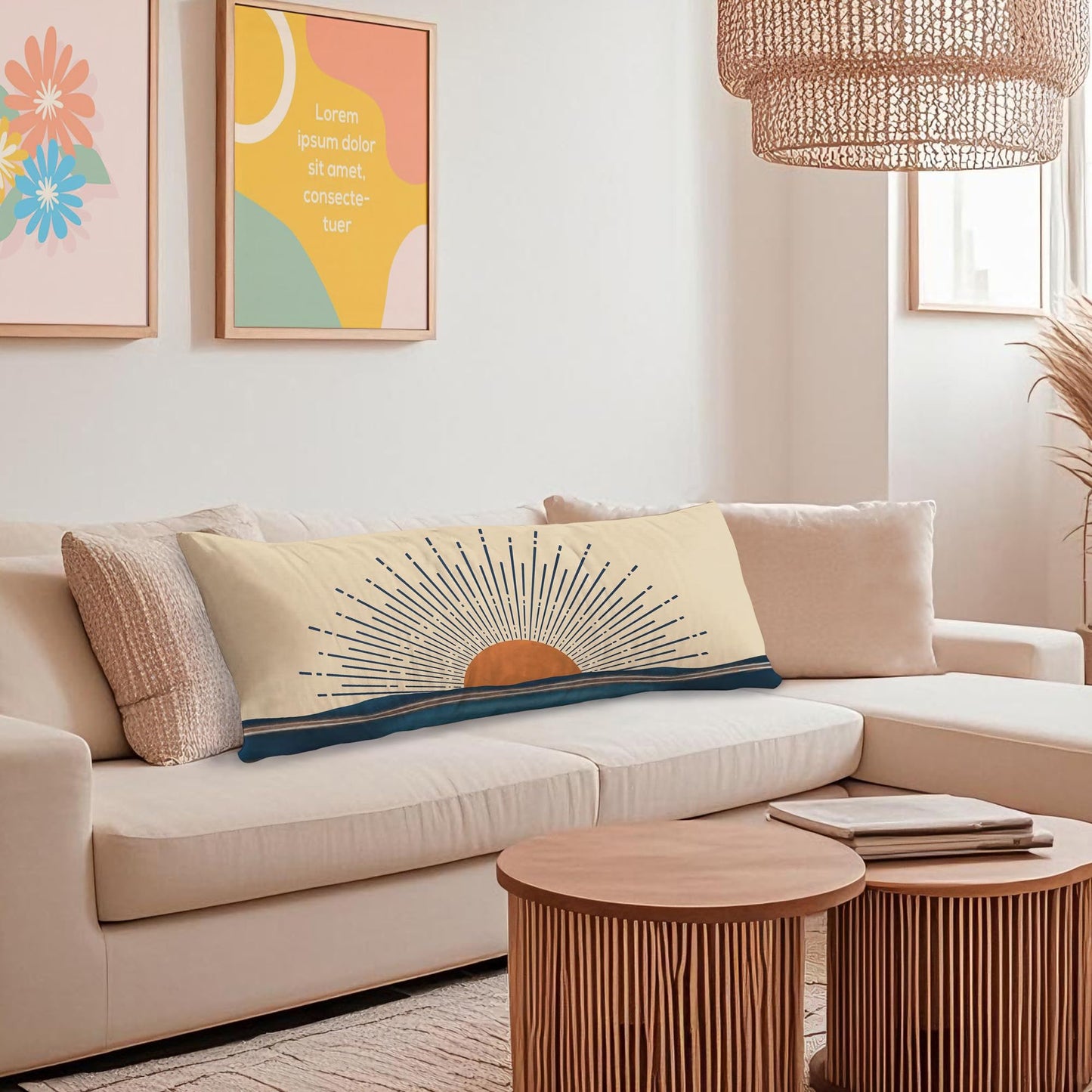 Boho Sun Sunshine 21x54 Body Pillow Cover Case, Modern Neutral Boho Horizontal Sun Sunset Sunrise Decorative Long Hug Pillow Cases for Bed Couch BST220
