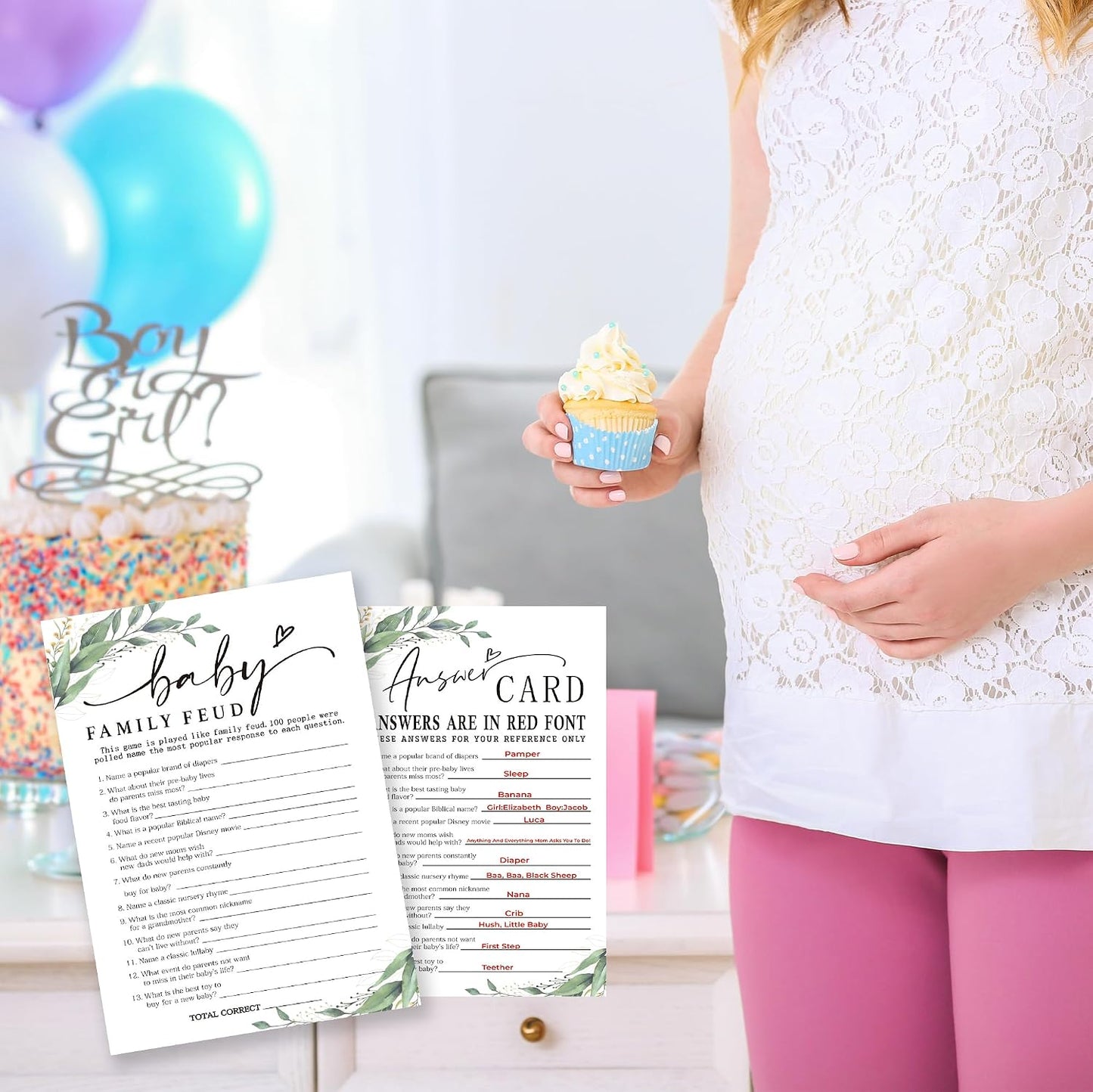 Baby Family Feud Baby Shower Game, 30 Greenery And White Game Cards For Girl Boy With 1 Answer Card, Gender Reveal Games, Baby Announcement,Party Favor & Supplies-B12 BST326L