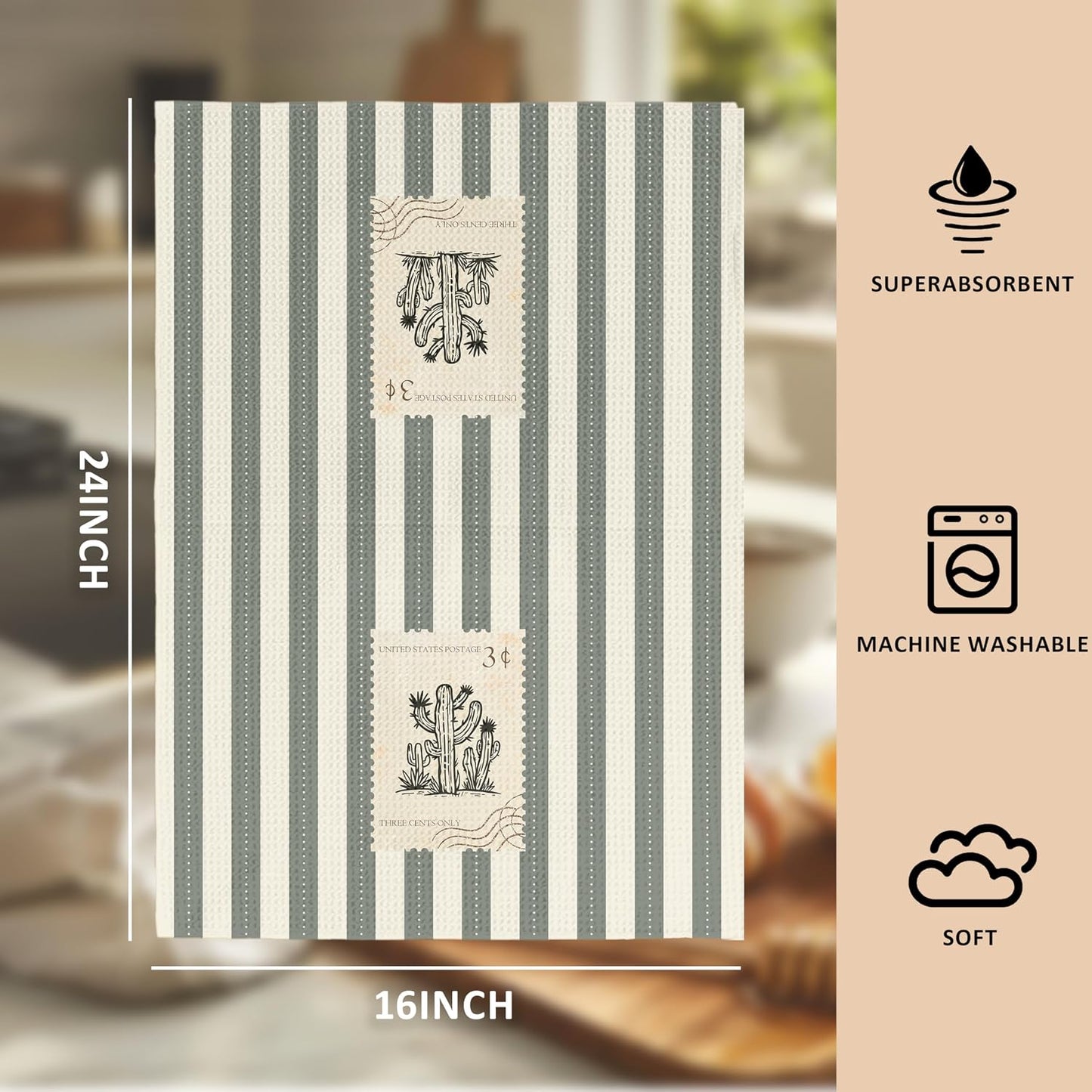 Retro Western Desert Cactus Kitchen Towels, Western Gifts Dish Tea Towels for Kitchen Decor, Rustic Country Cactus Stamp Striped Hand Towel for Bathroom Decor, 16x24 Inch BST326L