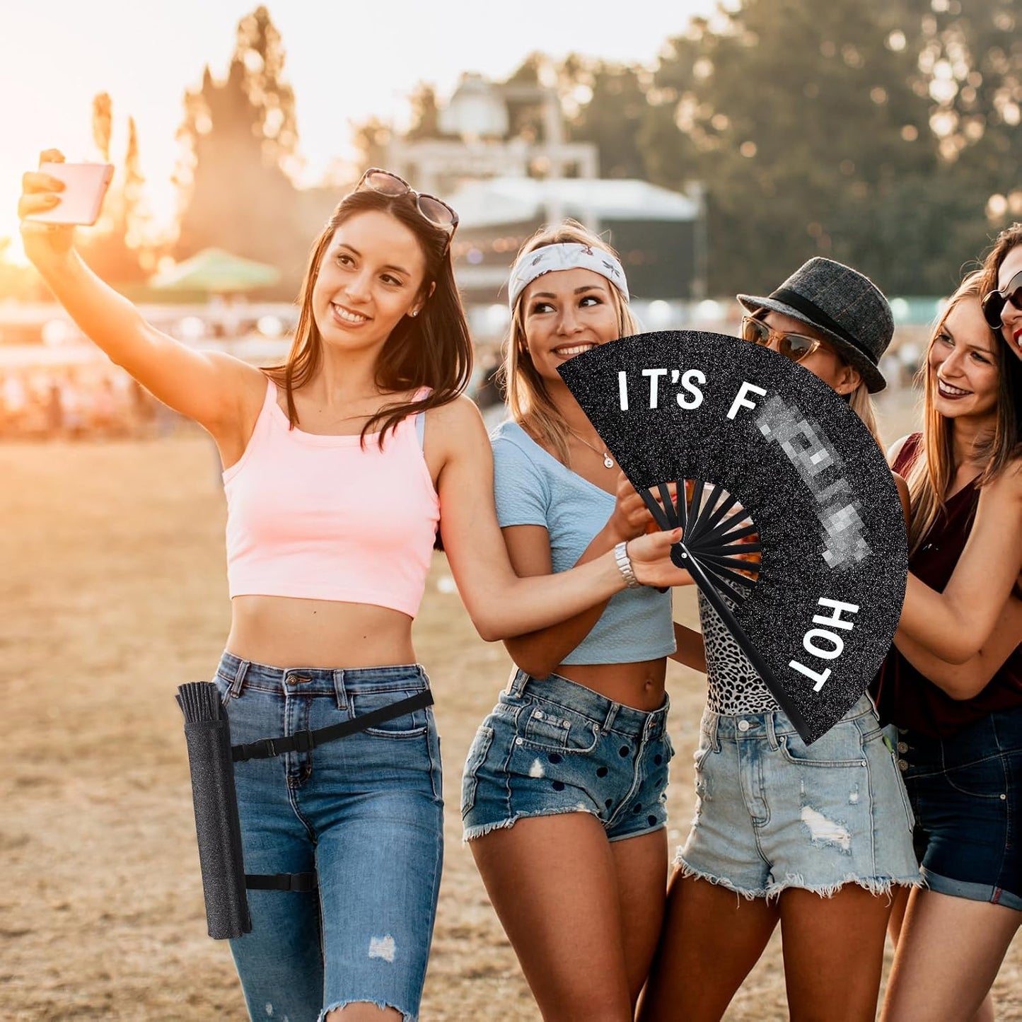 FairySandy Large Rave Fan UV Glow Clack Summer Hand Fan with Thigh Holster for Women Carnival Party Supplies for Carnival Edm Music Festival Club Accessories(Cool Style,Black) WN420