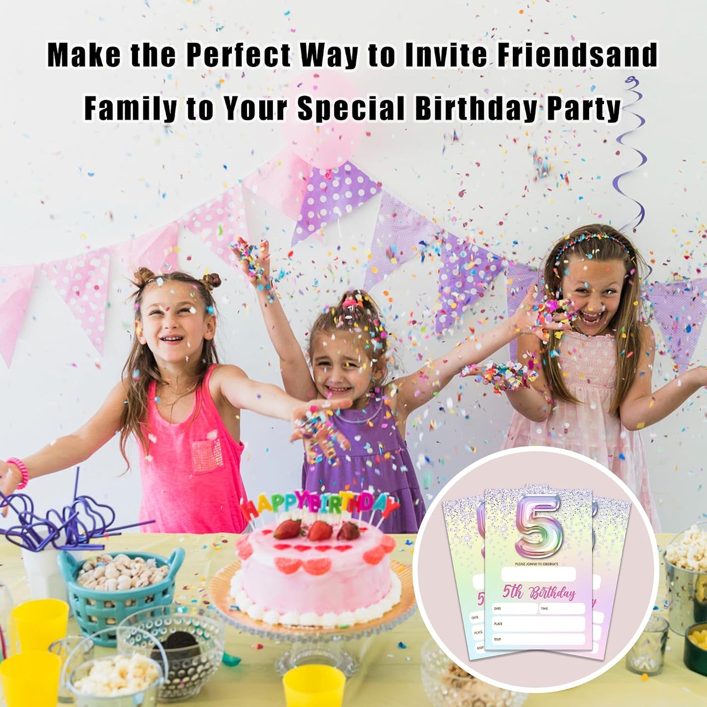 5th Birthday Invitations For Girl,Purple Glitter Birthday Invites, 20 Fill-in Rainbow Balloons Invitation Cards With Envelopes, Fifth Party Decorations 4x6 Inch-D05 WN420