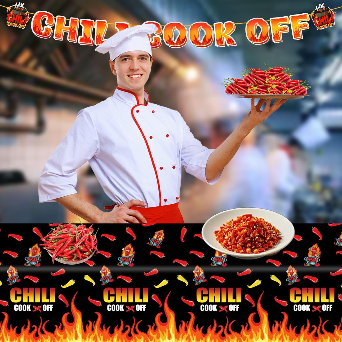4Pcs Chili Cook Off Decorations Set Include 3P 51.2" x 86.8" Disposable Chili Pepper Flame Plastic Table Covers and Chili Cook Off Banner Chili Cooking Contest Party Supplies Chili Pepper Decorations BST326L