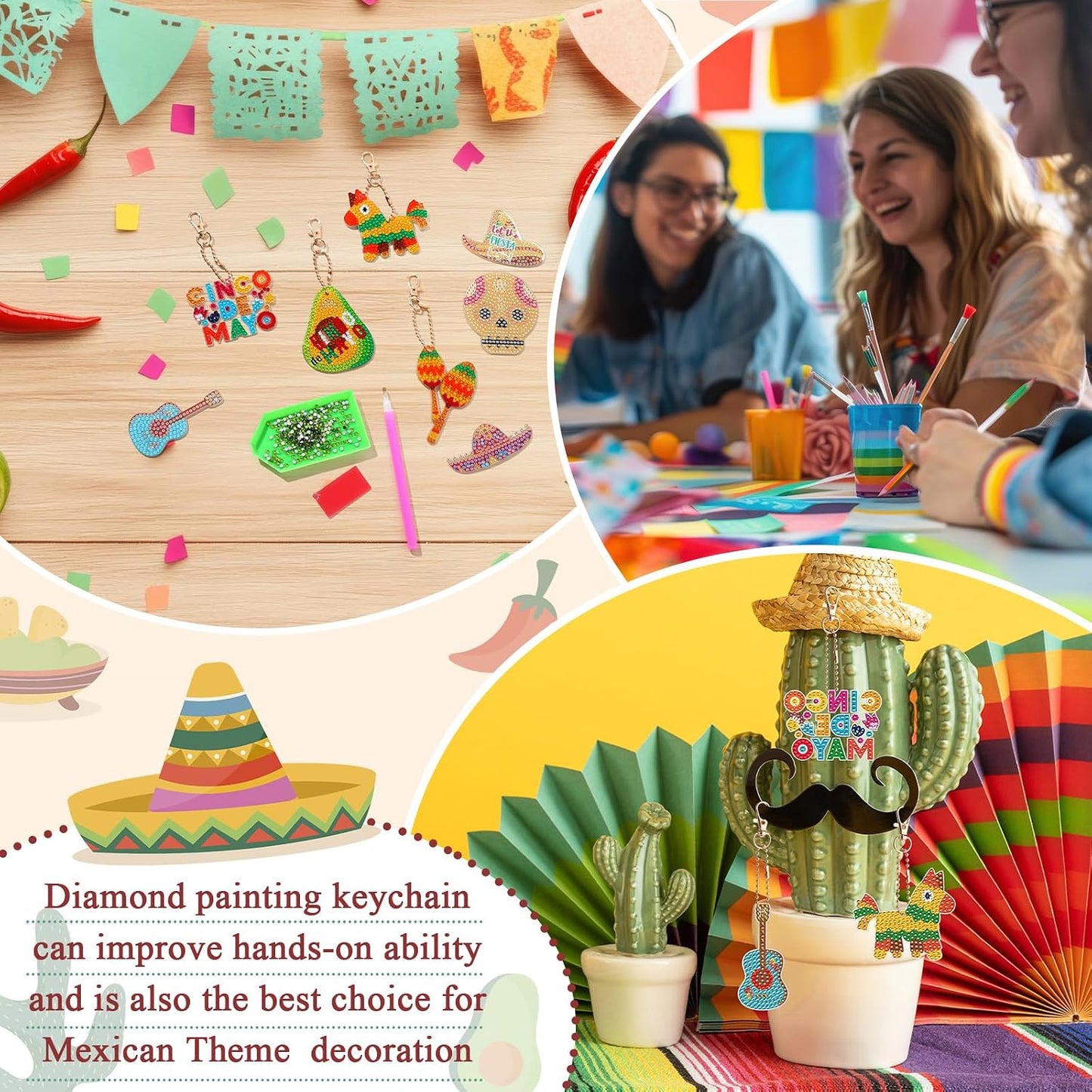 Huquary 24 Sets Cinco De Mayo Diamond Arts Keychains Mexican Fiesta Diamond Art Ornaments 5D DIY Crystal Rhinestone Crafts Kits Sombrero Taco Cactus Craft for Cinco De Mayo Mexican Holiday Gifts WN420