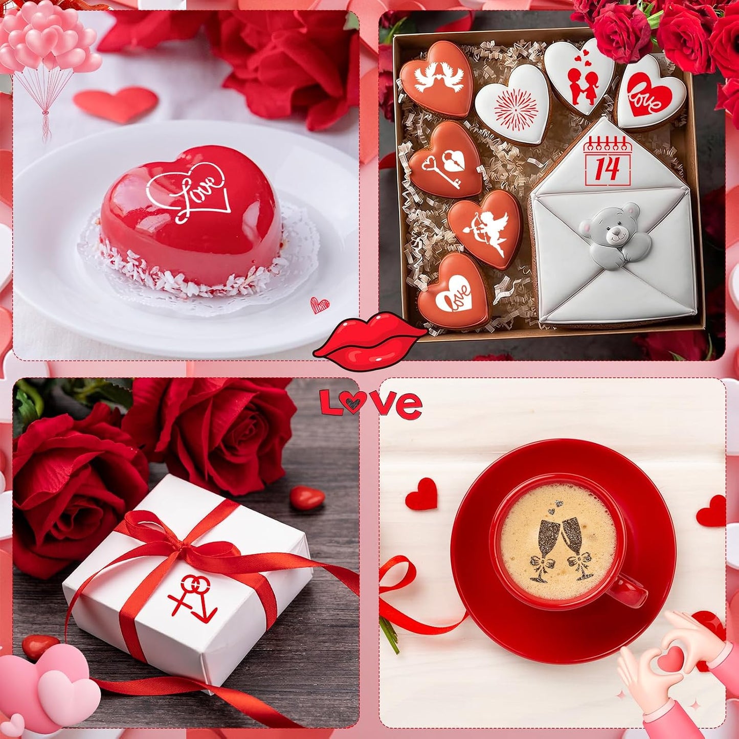Konsait 20 Pack Valentine's Day Cake Stencils Reusable Coffee Cookie Decorating Stencils Mold Tools for Hot Cocoa,Dessert,Mousse and Cappuccino BST326L