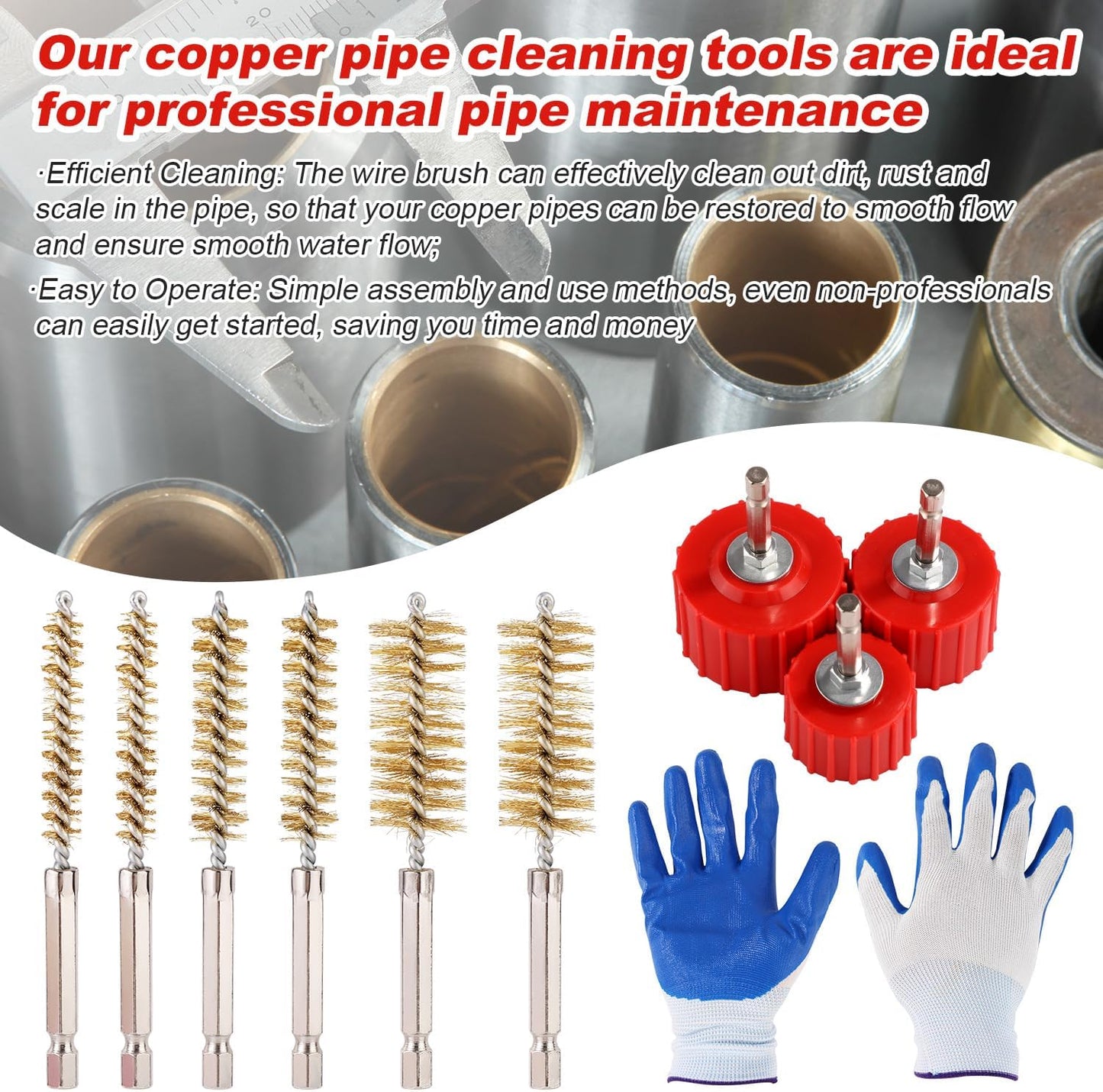 9-Piece Copper Pipe Cleaner Kit for Power Drill, 1/2" 3/4" 1" Alloy Tube Cleaning Brush & 6pcs Wire Bore Brush Fitting Tool with Gloves for Brass & Bronze Pipes Soldering Maintenance BST326H