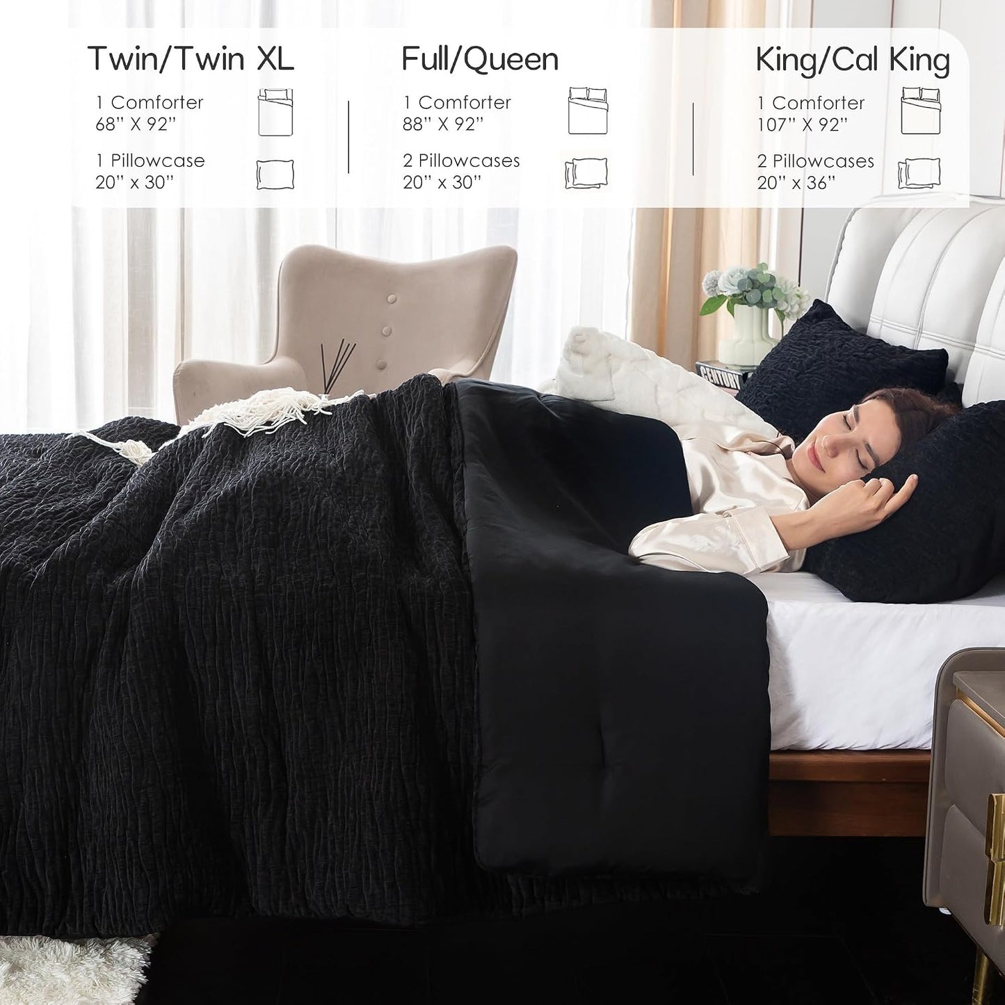 COTTEBED Reversible Chenille Cotton Twin Comforter Set, Luxury Textured Stripe Soft Modern Bedding Down Comforter for Kid Children Teen Boy College Dorm, Lightweight All Season (Black,Twin/Twin XL) BST202