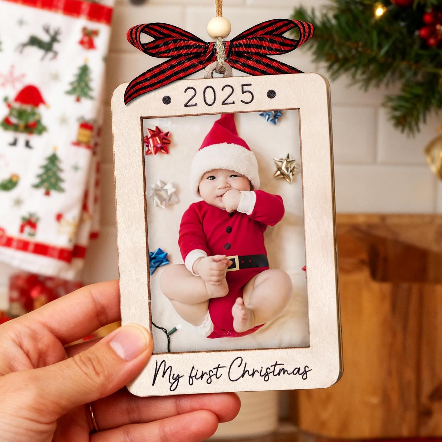 Hangwoous Baby's First Christmas Photo Frame Ornament 2025 | Wooden portrait frame keepsake, first Christmas photo gift for baby BST202