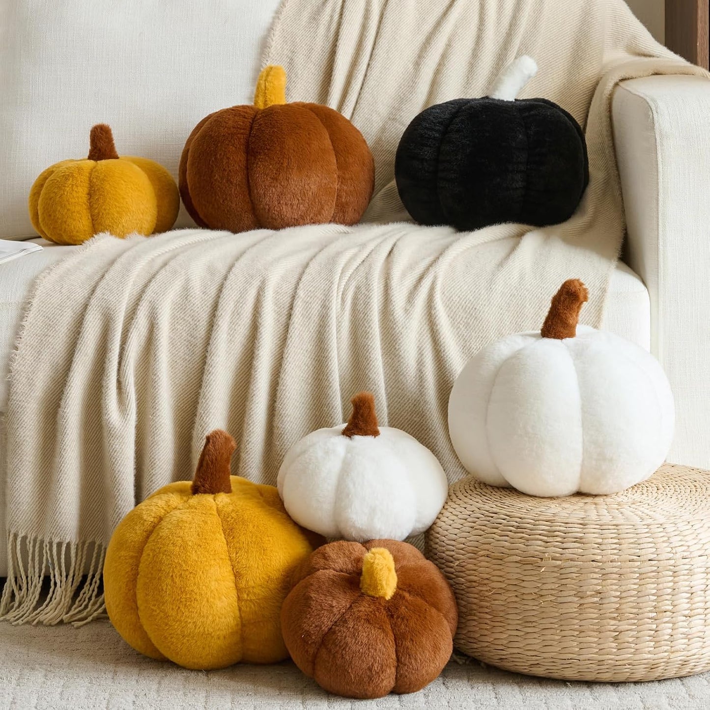 Pumpkin Pillows, Halloween Fall Throw Pillow, Pumpkin Shaped Pillow for Couch, Cute Stuffed Pumpkins, Autumn Decorative Cushion (White, 11 Inches) WN420