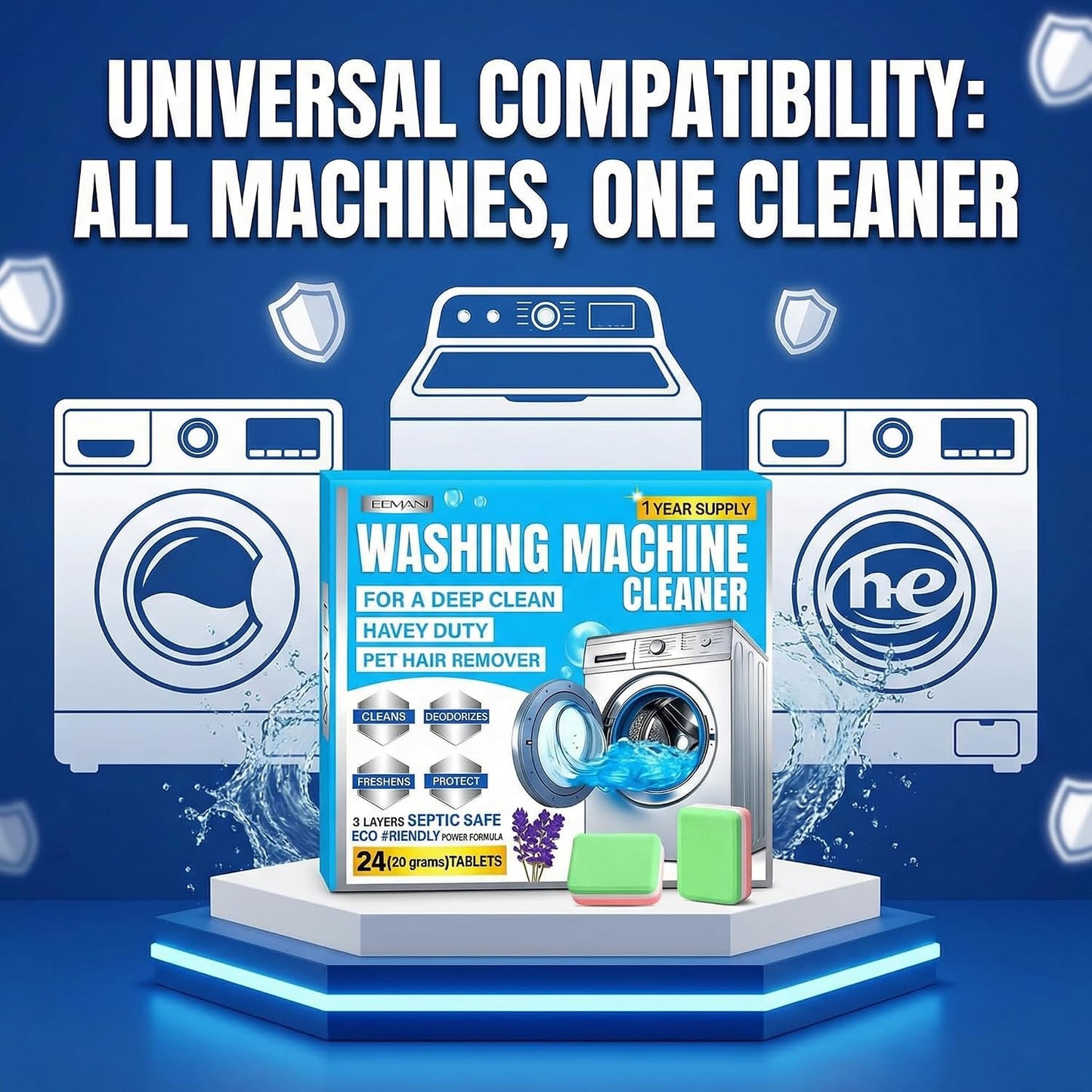 3-Layer Washing Machine Cleaner Tablets 24 Pack, Heavy Duty Deep Cleaning, Descaling & Odor Elimination suitable for Pet Owners, Septic-Safe & Eco-friendly Washer Cleaner for Front & Top Load washers BST202