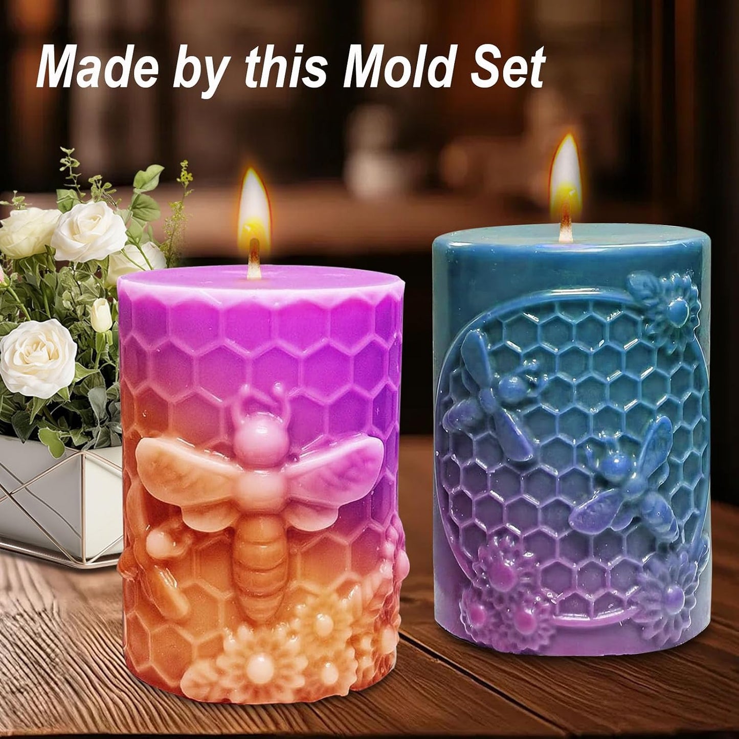Honeycomb Bee Candle Silicone Molds 2PCS with Flowers Design, White Resin Cylindrical Mould Set, Soap Wax Beeswax Epoxy Casting Clay Mold-Kit, 2 Pack BST220