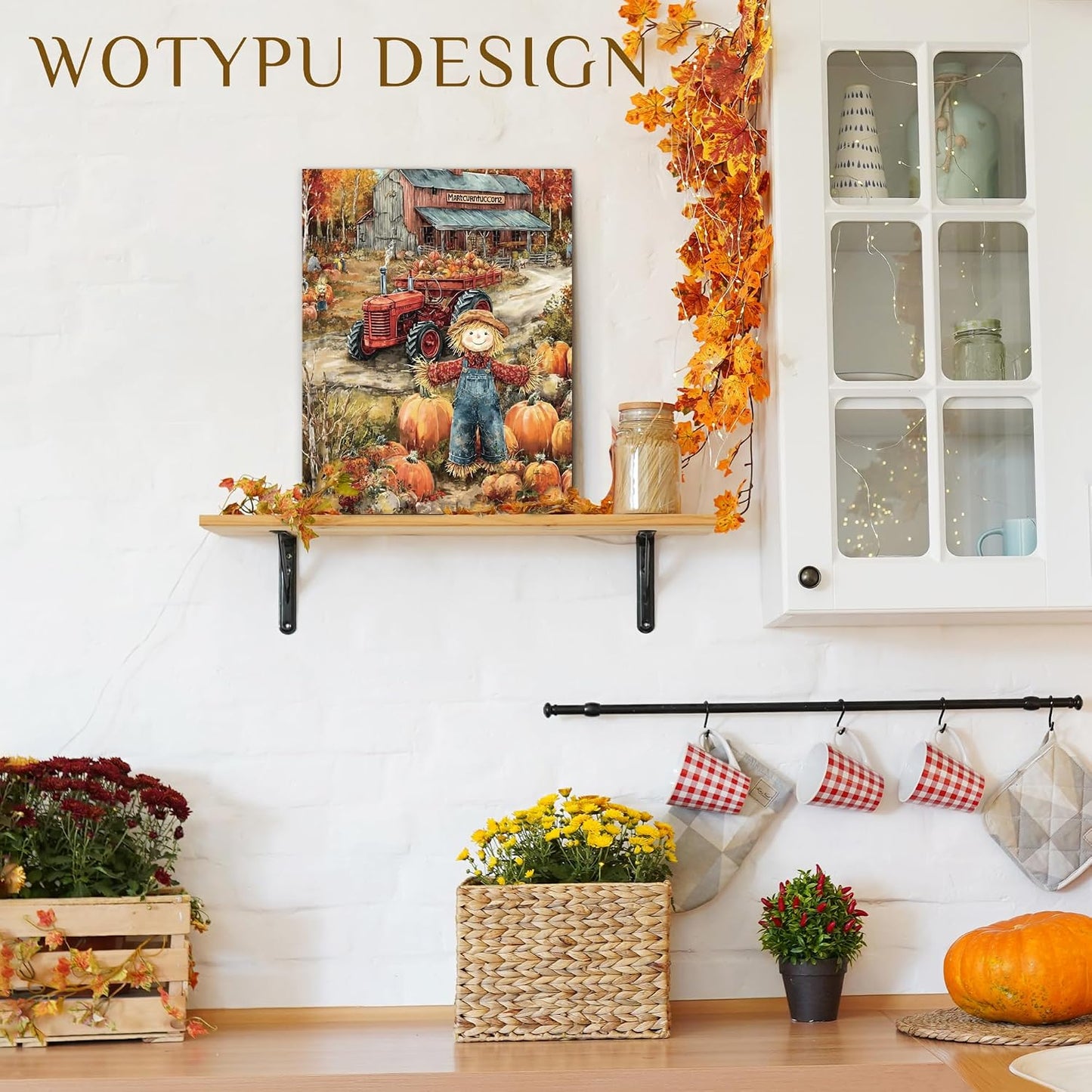 WOTYPU Fall Farmhouse Wall Art Decor, Farmhouse Fall Decor, Rustic Pumpkin Patch Scarecrow Truck Harvest Autumn Thanksgiving Framed Canvas Prints Poster Wall Decorations for Farm Home, 11x14 BST326H