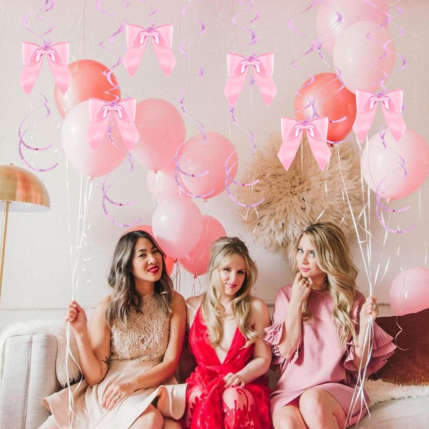 BEISHIDA Pink Bow Party Hanging Swirls Decorations, 36PCS Satin Ribbon Bow Party Decorations Pre-Strung for Birthday Wedding Baby Shower Bachelorette Supplies WN420
