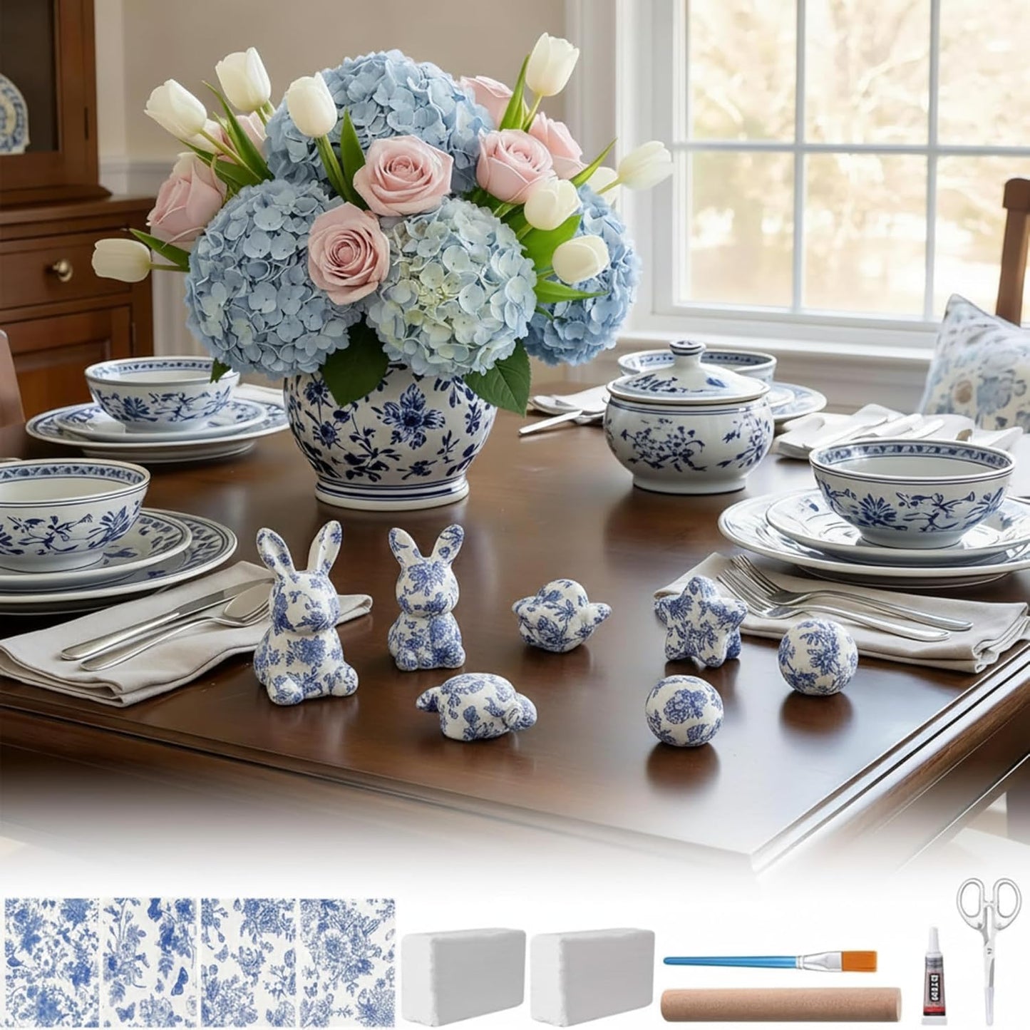 Jenaai 48 Pcs Chinoiserie Blue White Floral Clay DIY Kit, Clear Plastic Tray Craft Set Storage for Jewelry, Keys, Family Home Decor Gifts Include 40 Decoupage Napkins 2 Clear Tray 2 Clay BST220