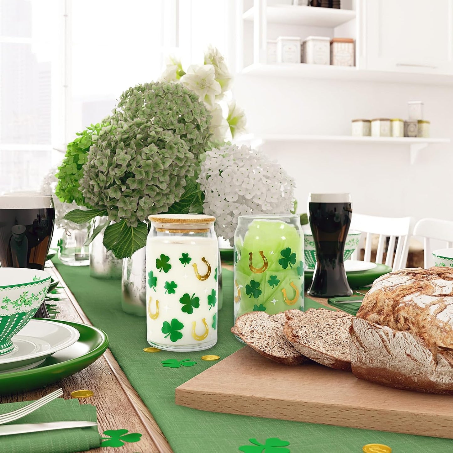 FYSUIMU 2 Pack St. Patrick's Day Drinking Glasses Gold Foil Shamrock Horseshoe Drinking Glasses 16oz Irish Lucky Clover Glass Cup with Lids and Straw for Cocktails Whiskey Beer Soda WN420